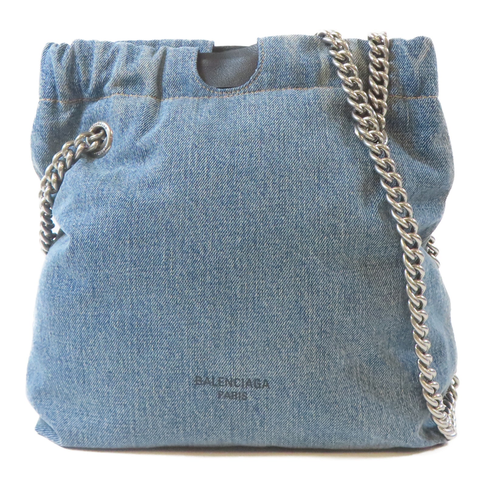 BALENCIAGA 牛仔布Crush Small Tote Bag銀扣鏈帶肩背袋藍色