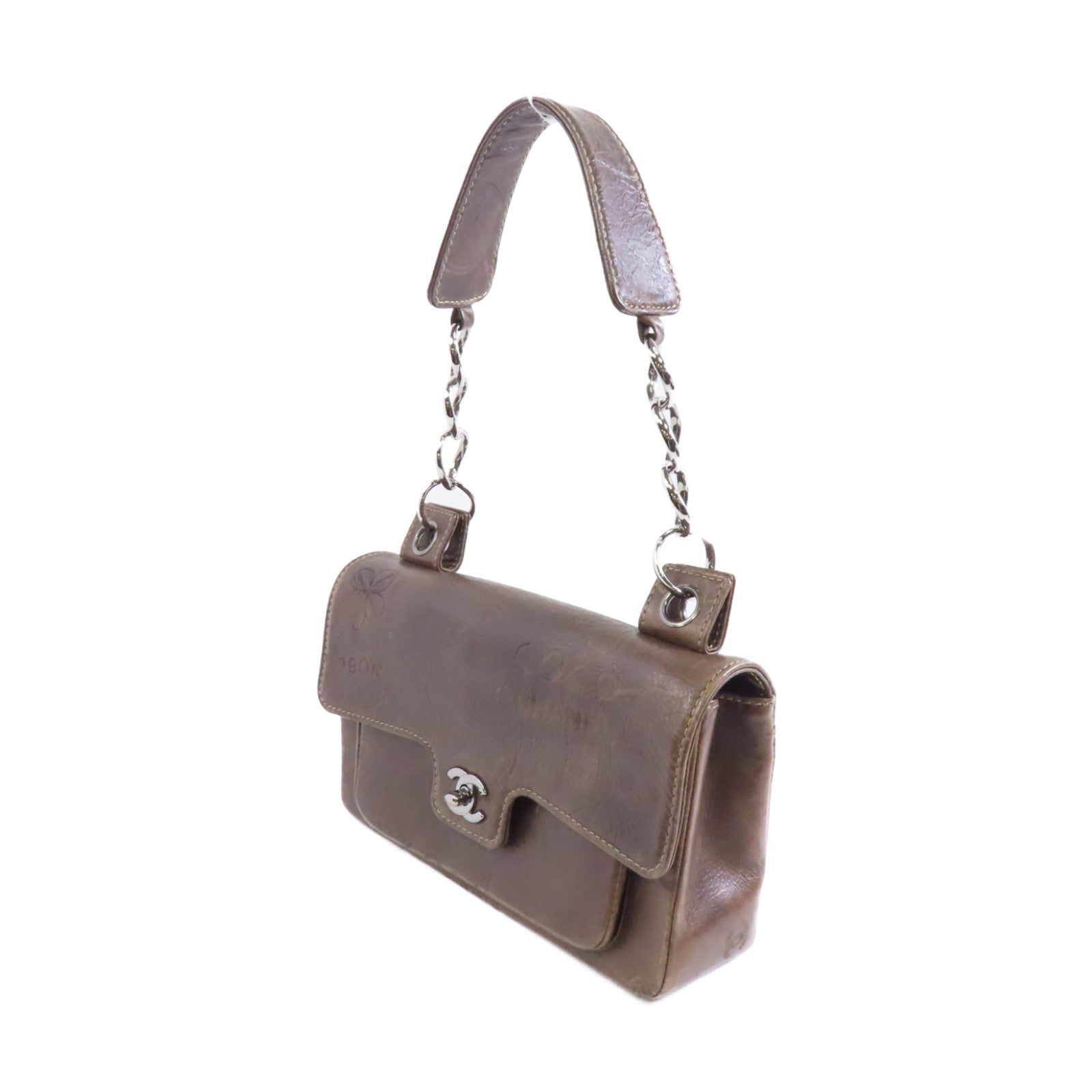 CHANEL 【激減優惠】牛皮皮革Chain Shoulder銀扣鏈帶肩背袋啡色