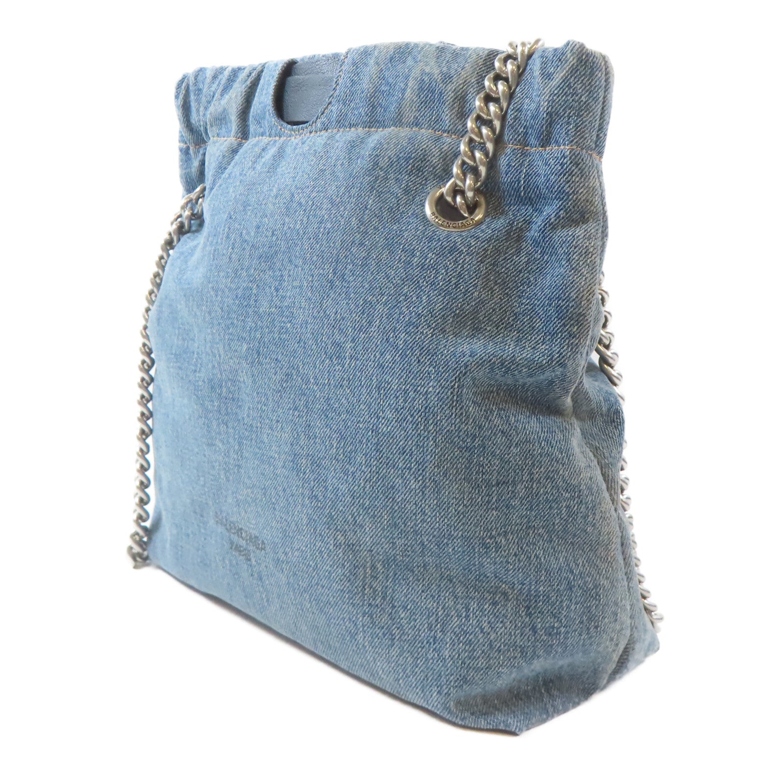 BALENCIAGA 牛仔布Crush Small Tote Bag銀扣鏈帶肩背袋藍色