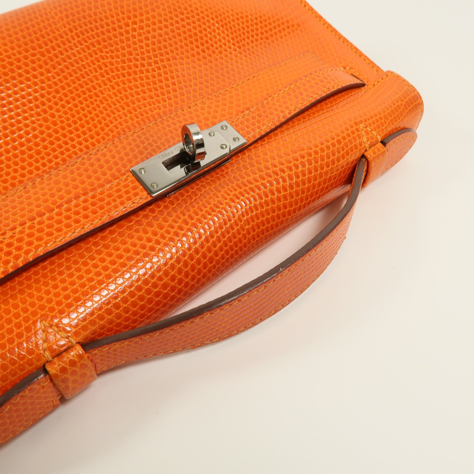 HERMES Lizard皮革Kelly Pochette手挽袋Feu Orange
