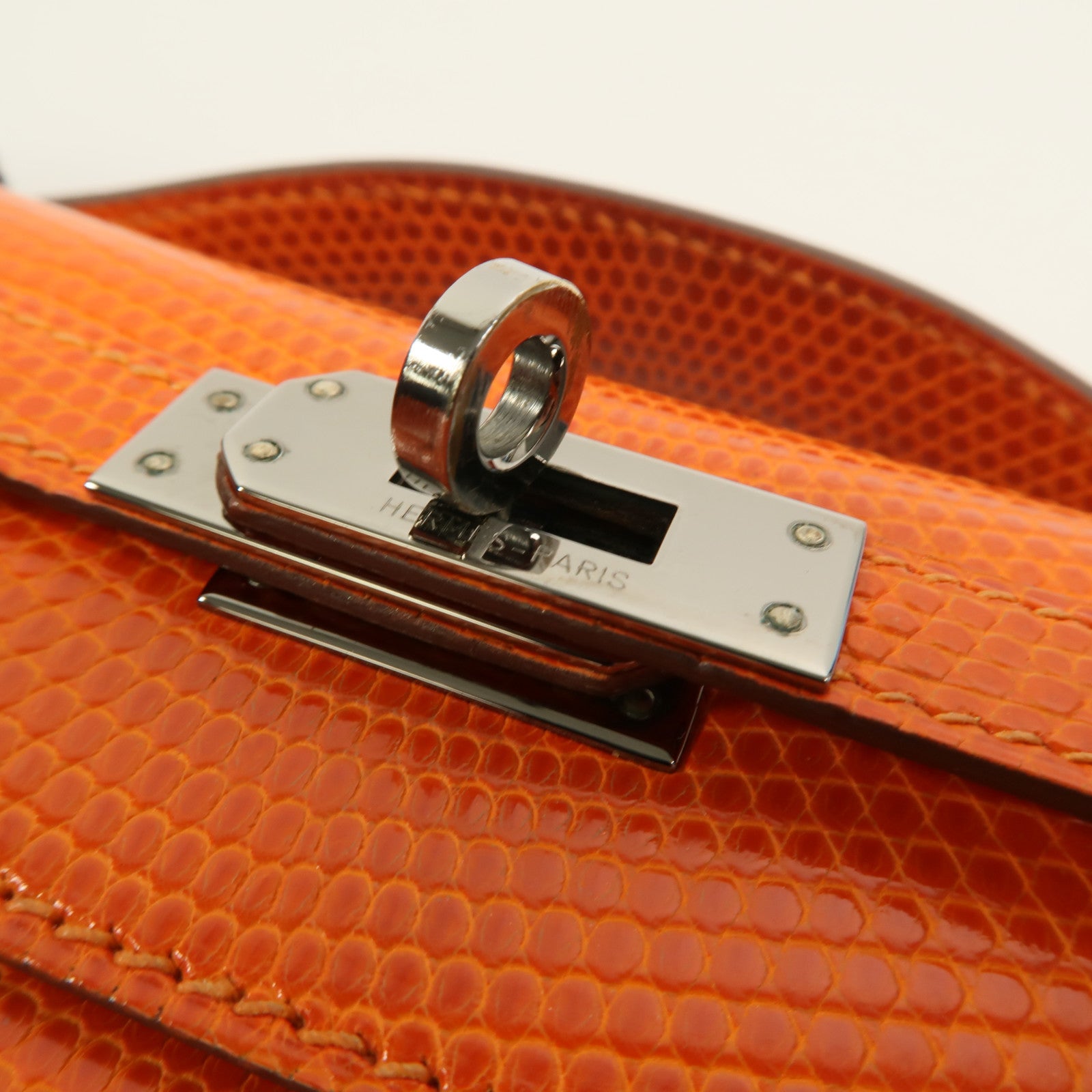 HERMES Lizard皮革Kelly Pochette手挽袋Feu Orange