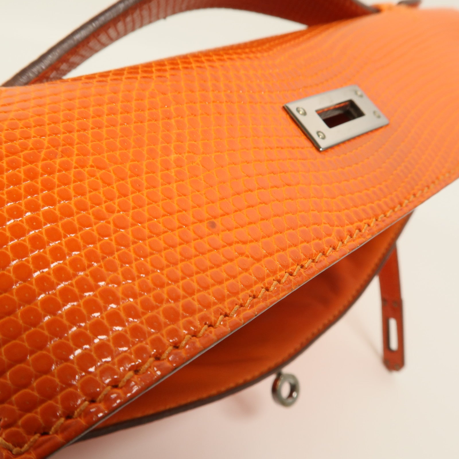 HERMES Lizard皮革Kelly Pochette手挽袋Feu Orange