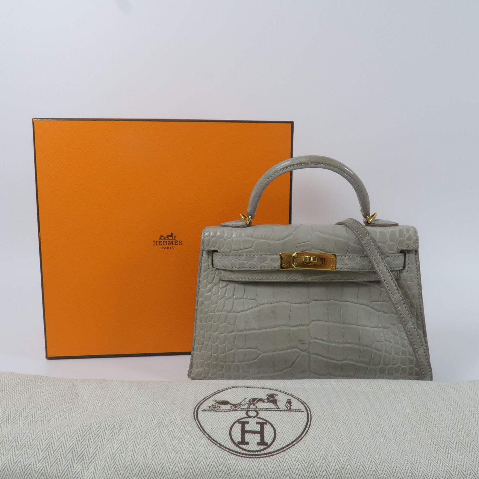 HERMES 鱷魚皮革Mini Kelly II手挽肩背兩用袋Gris Perle