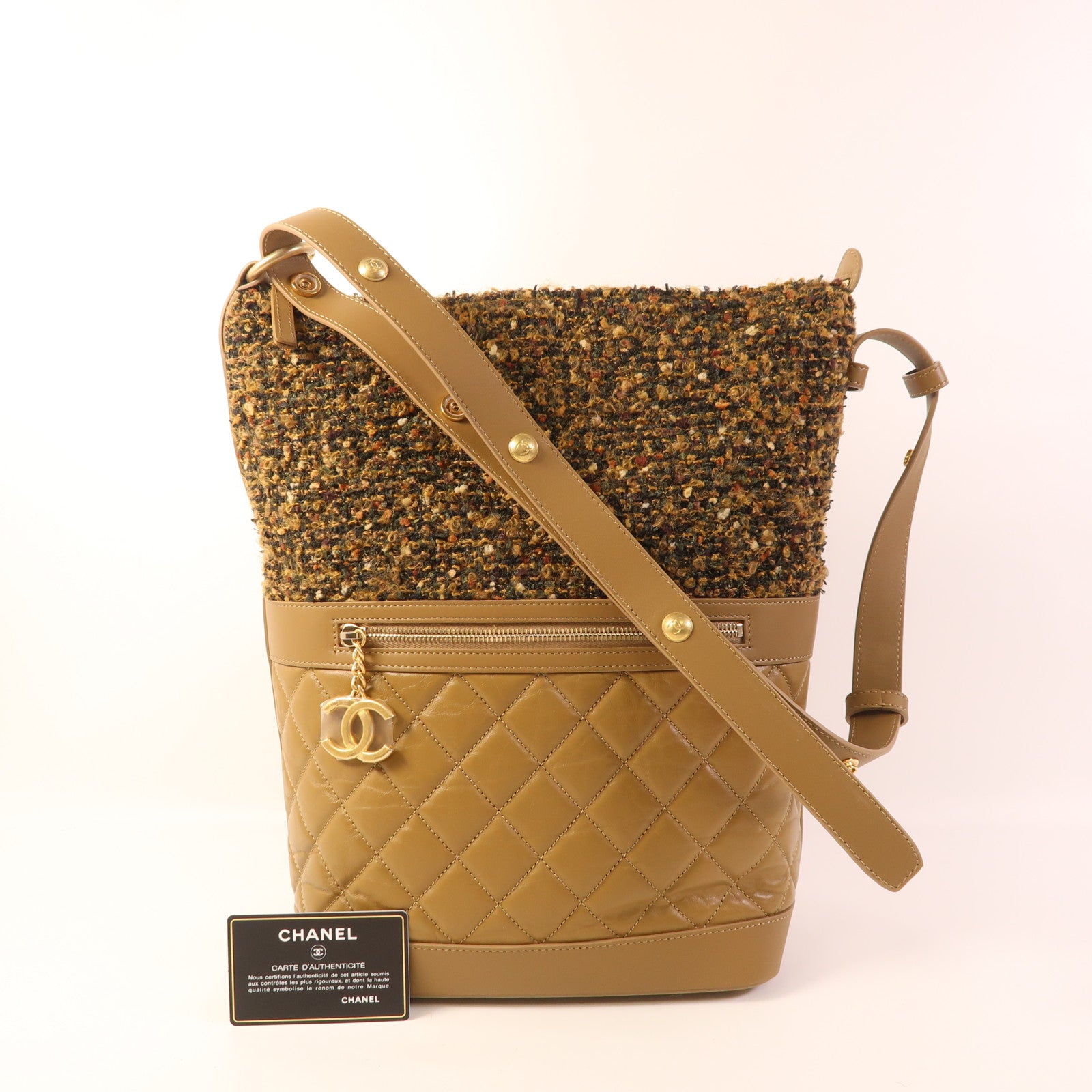 CHANEL 斜紋軟呢/皮革Shoulder Bag金扣肩背袋