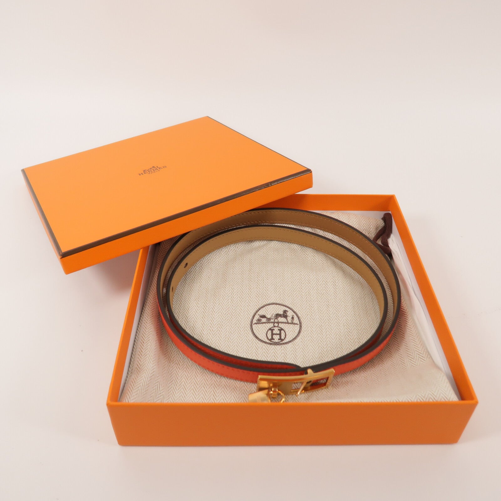 HERMES Swift皮革/Epsom皮革Lucky 15 Belt皮帶Rose Jaipur/Naturel