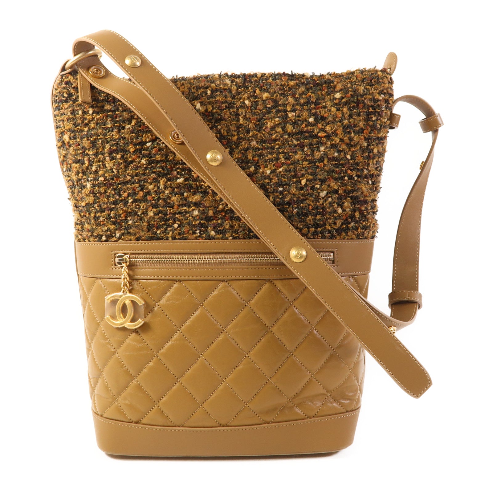 CHANEL 斜紋軟呢/皮革Shoulder Bag金扣肩背袋