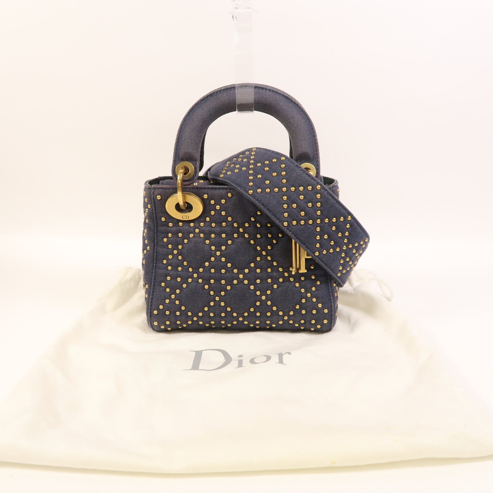 Dior 牛仔布Mini Lady Dior金扣手挽肩背兩用袋