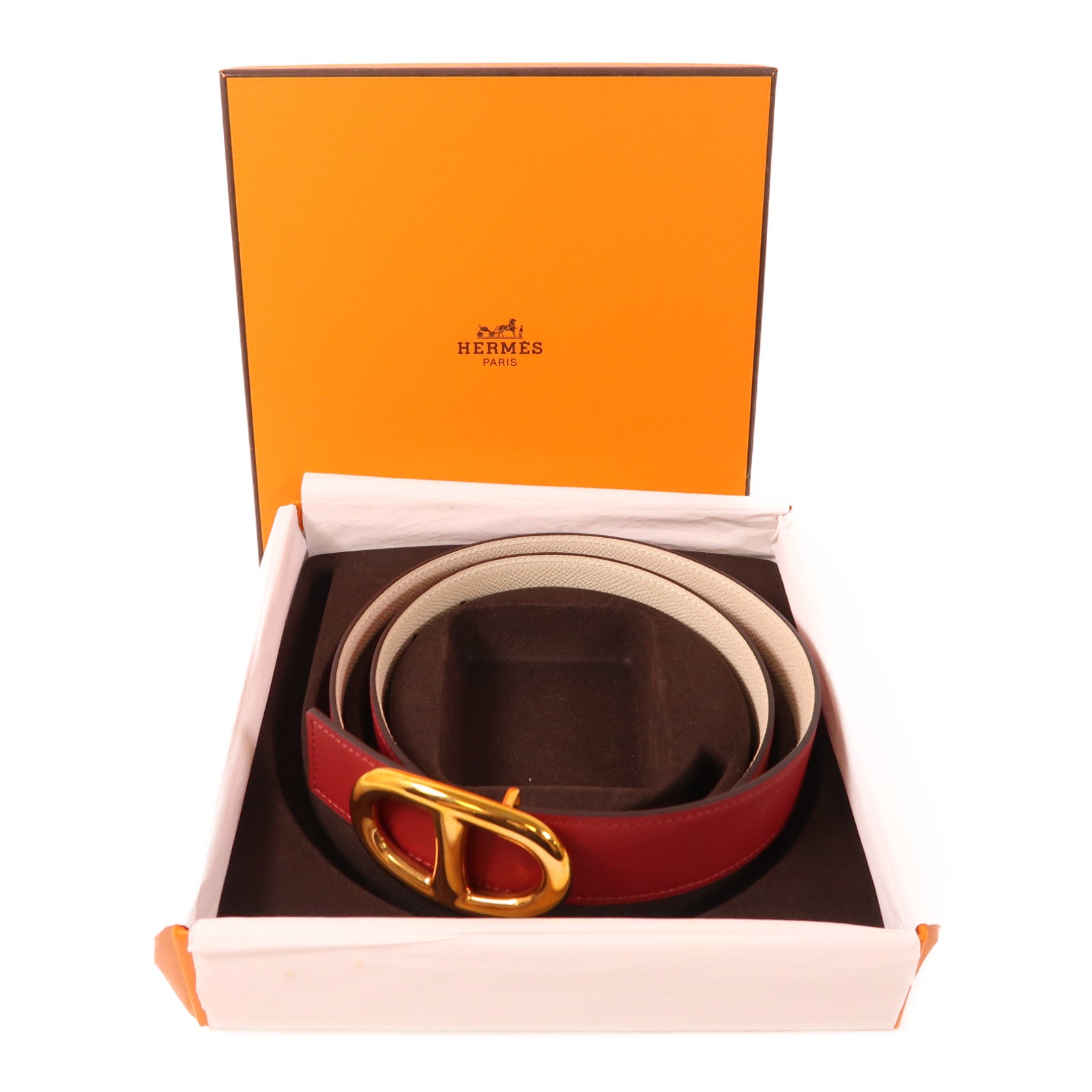 HERMES Swift/Epsom皮革Belt金扣皮帶White/Red