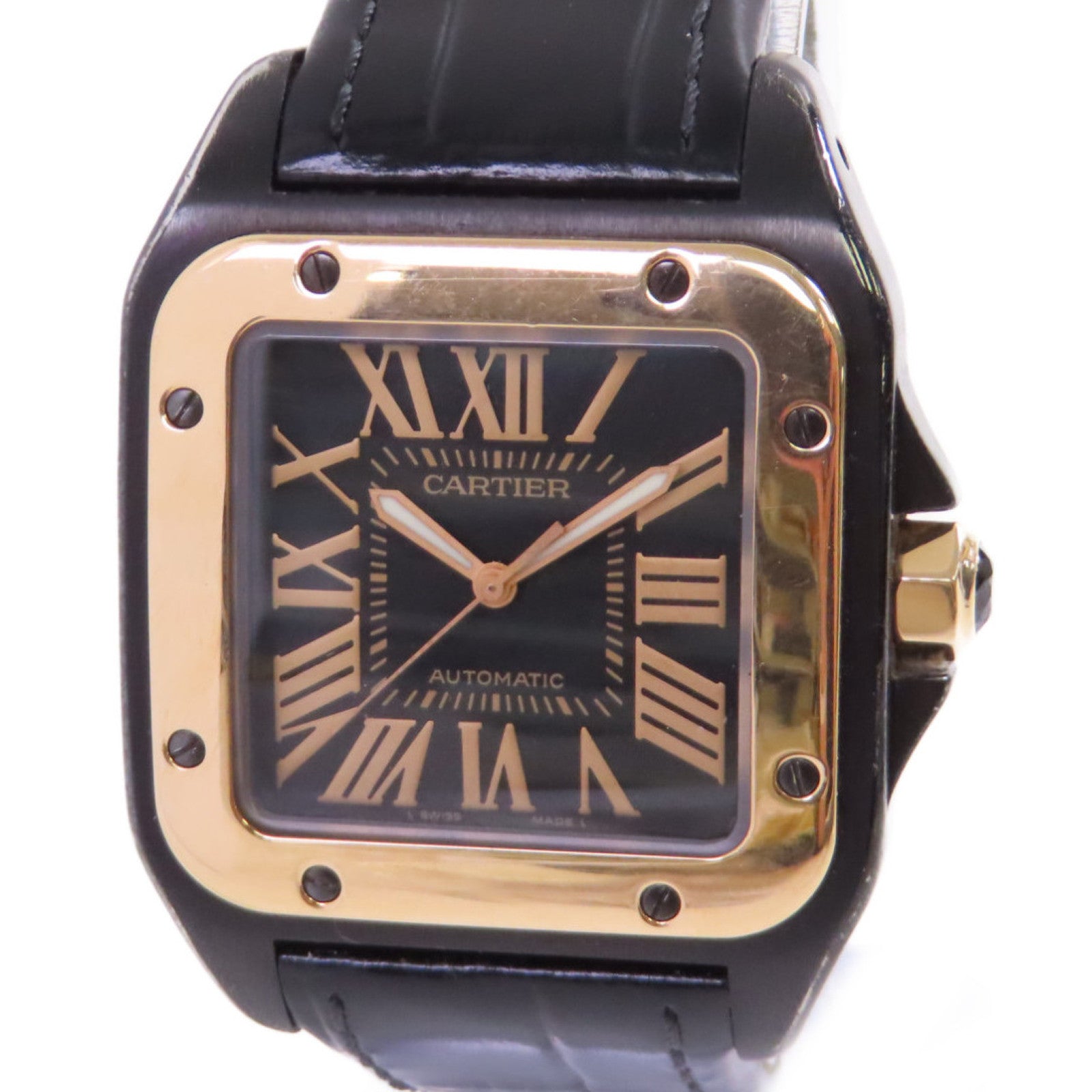 CARTIER Santos 100 Carbon  Automatic Watch 18K Rose Gold SS W2020009 Black