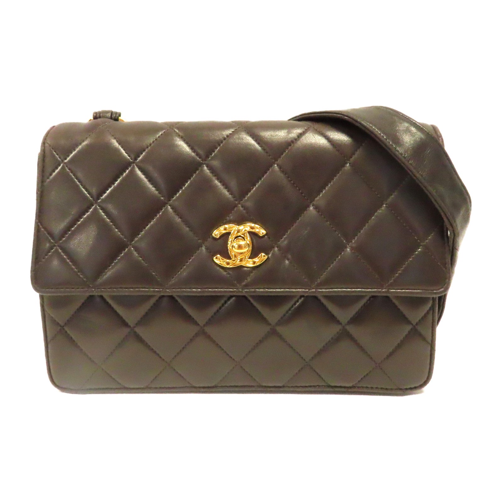 CHANEL 【激減優惠】菱格羊皮皮革Vintage Chanel金扣肩背袋啡色