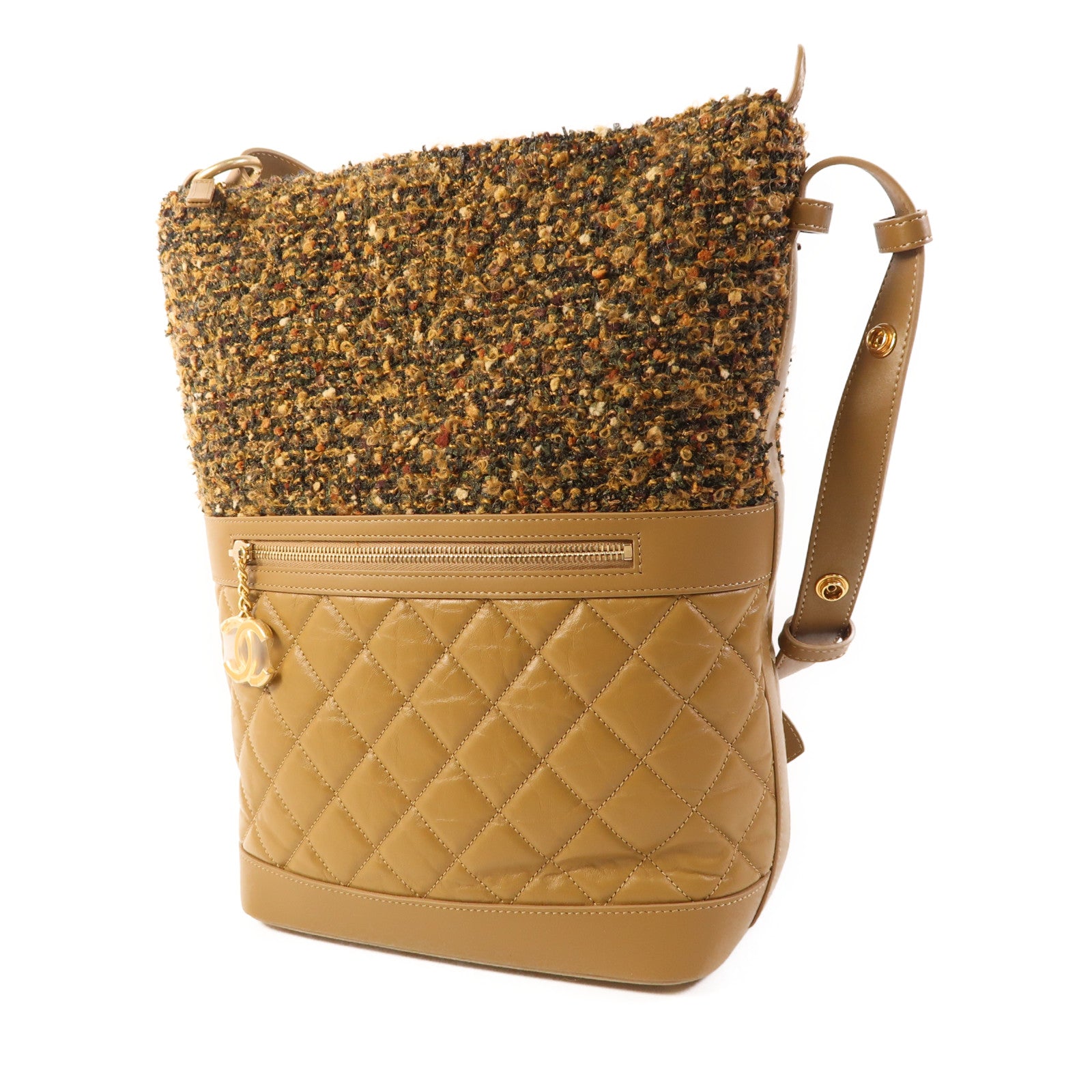 CHANEL 斜紋軟呢/皮革Shoulder Bag金扣肩背袋