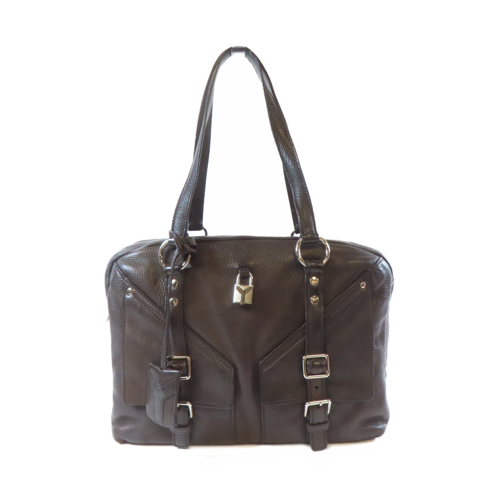 SAINT LAURENT 【激減優惠】牛皮皮革Shoulder Bag銀扣肩背袋啡色