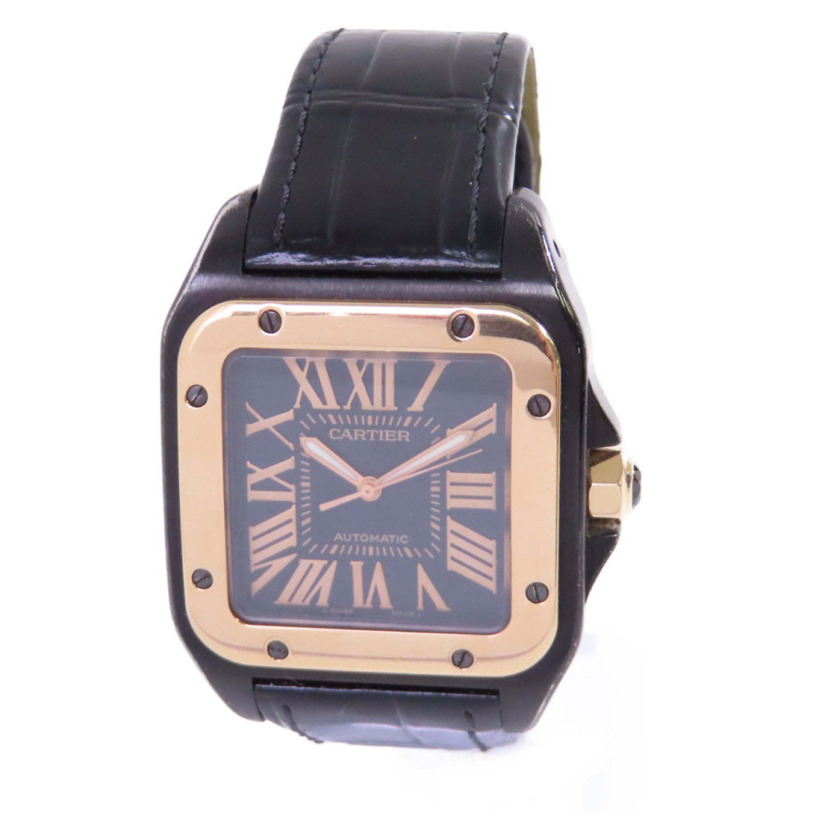 CARTIER Santos 100 Carbon  Automatic Watch 18K Rose Gold SS W2020009 Black