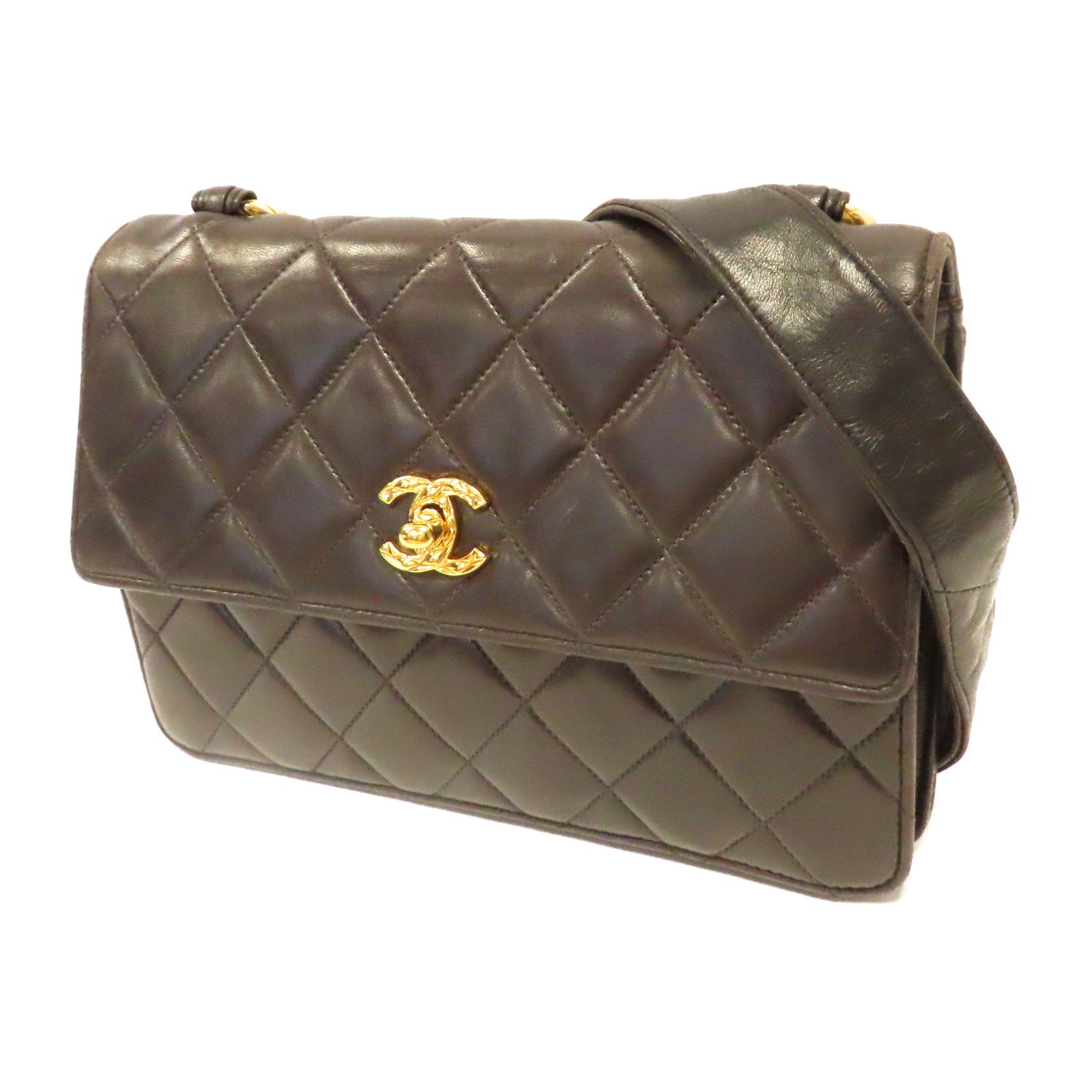 CHANEL 【激減優惠】菱格羊皮皮革Vintage Chanel金扣肩背袋啡色