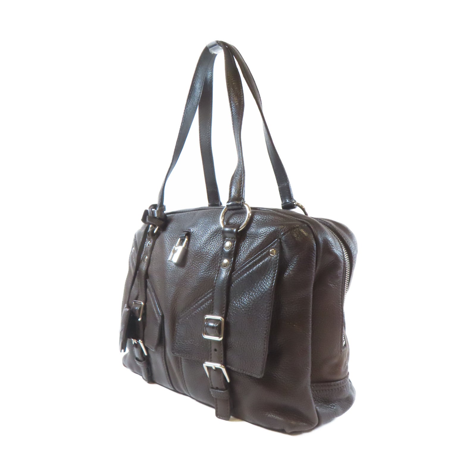 SAINT LAURENT 【激減優惠】牛皮皮革Shoulder Bag銀扣肩背袋啡色