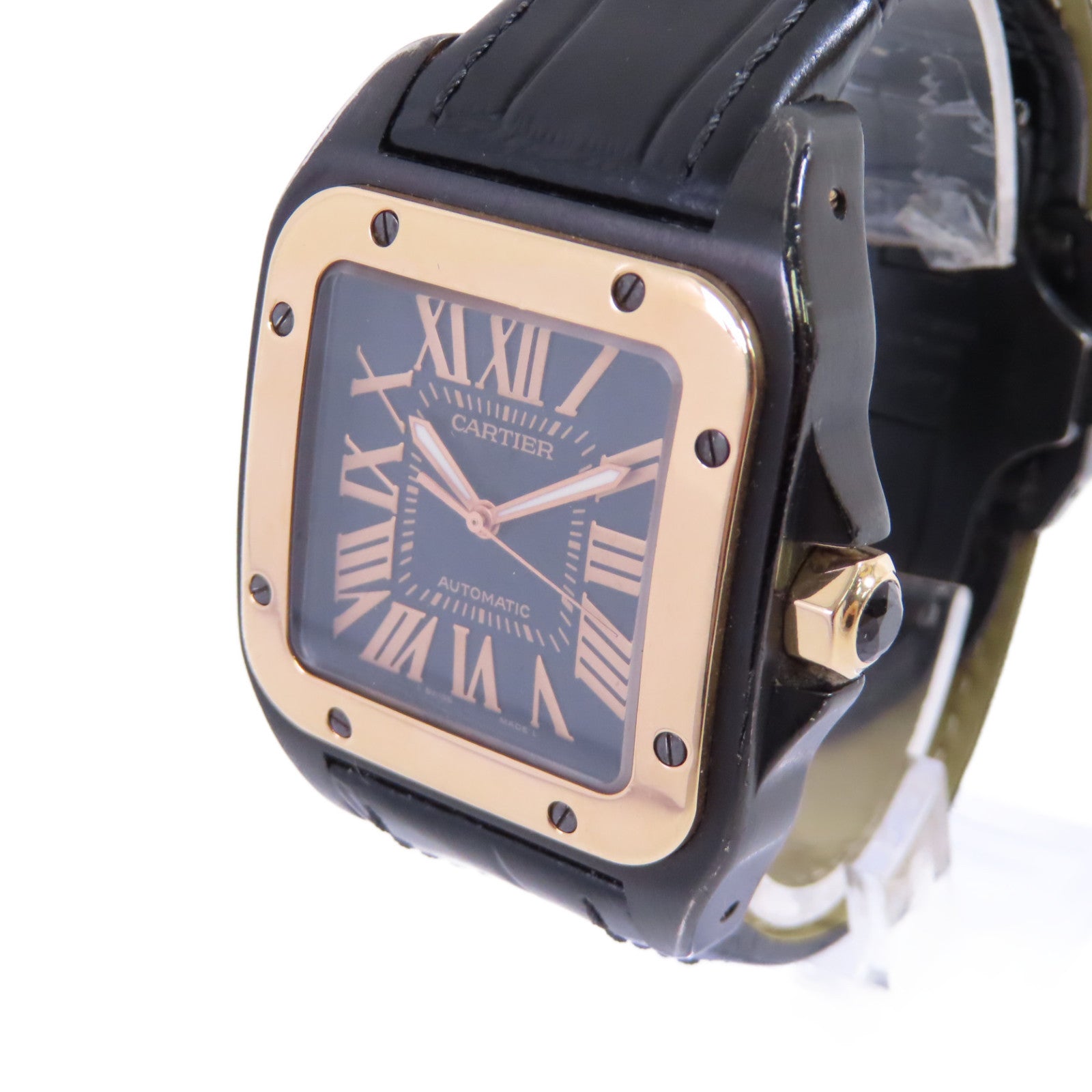 CARTIER Santos 100 Carbon  Automatic Watch 18K Rose Gold SS W2020009 Black