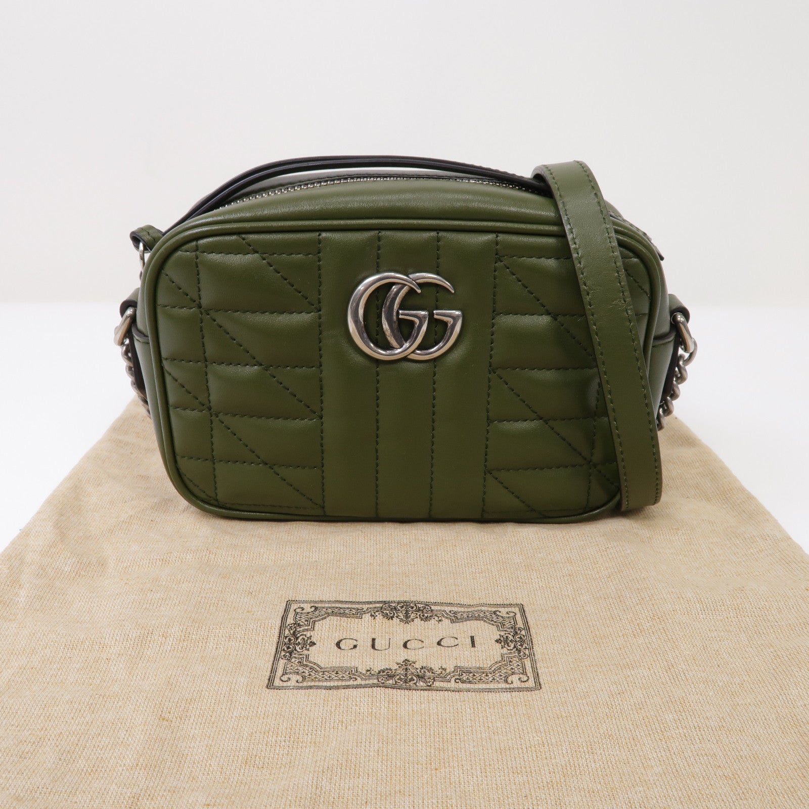 GUCCI 牛皮皮革GG Marmont銀扣鏈帶肩背袋綠色