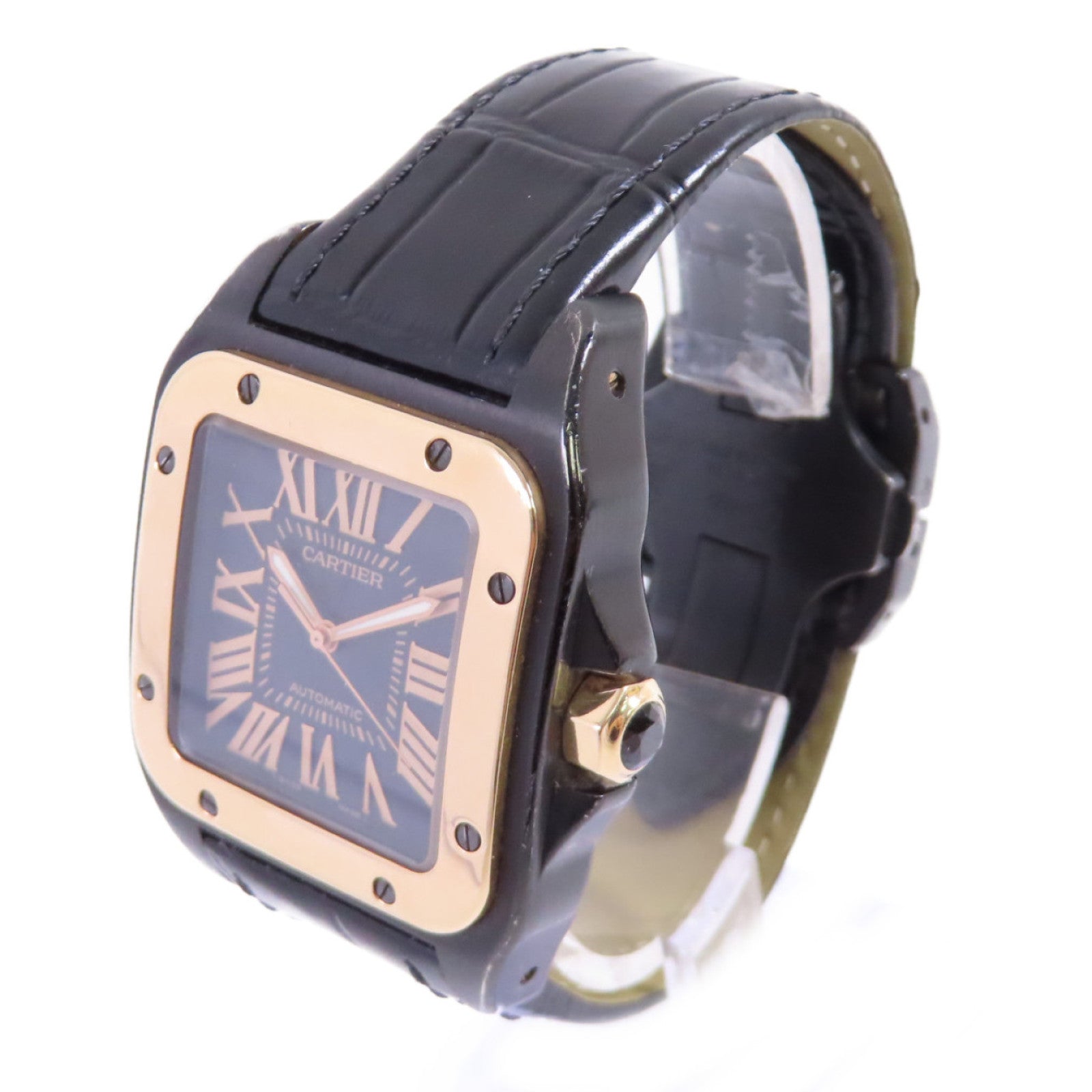 CARTIER Santos 100 Carbon  Automatic Watch 18K Rose Gold SS W2020009 Black