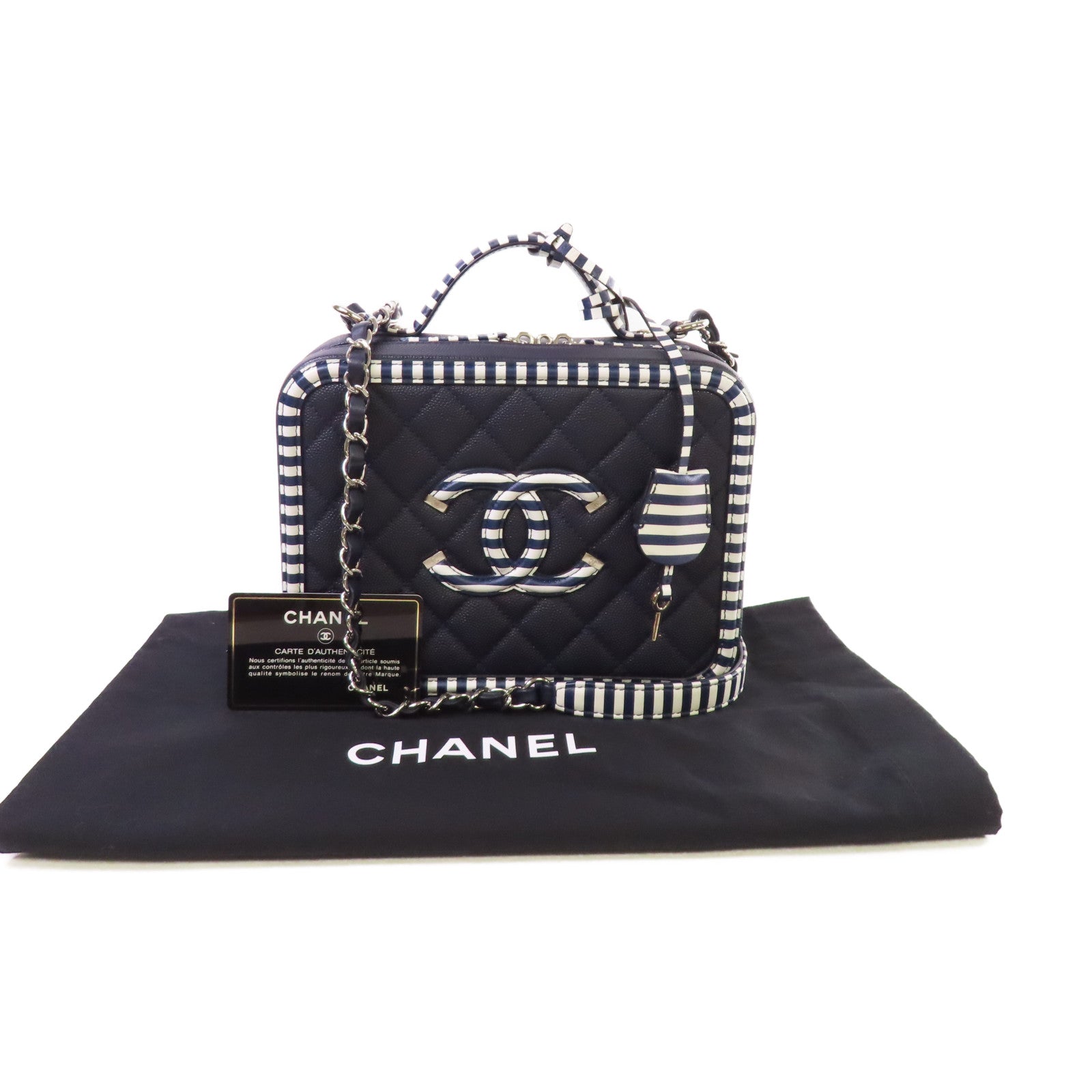 CHANEL 菱格Caviar皮革Vanity Case 2way Shoulder Bag銀扣鏈帶手挽肩背兩用袋深藍色