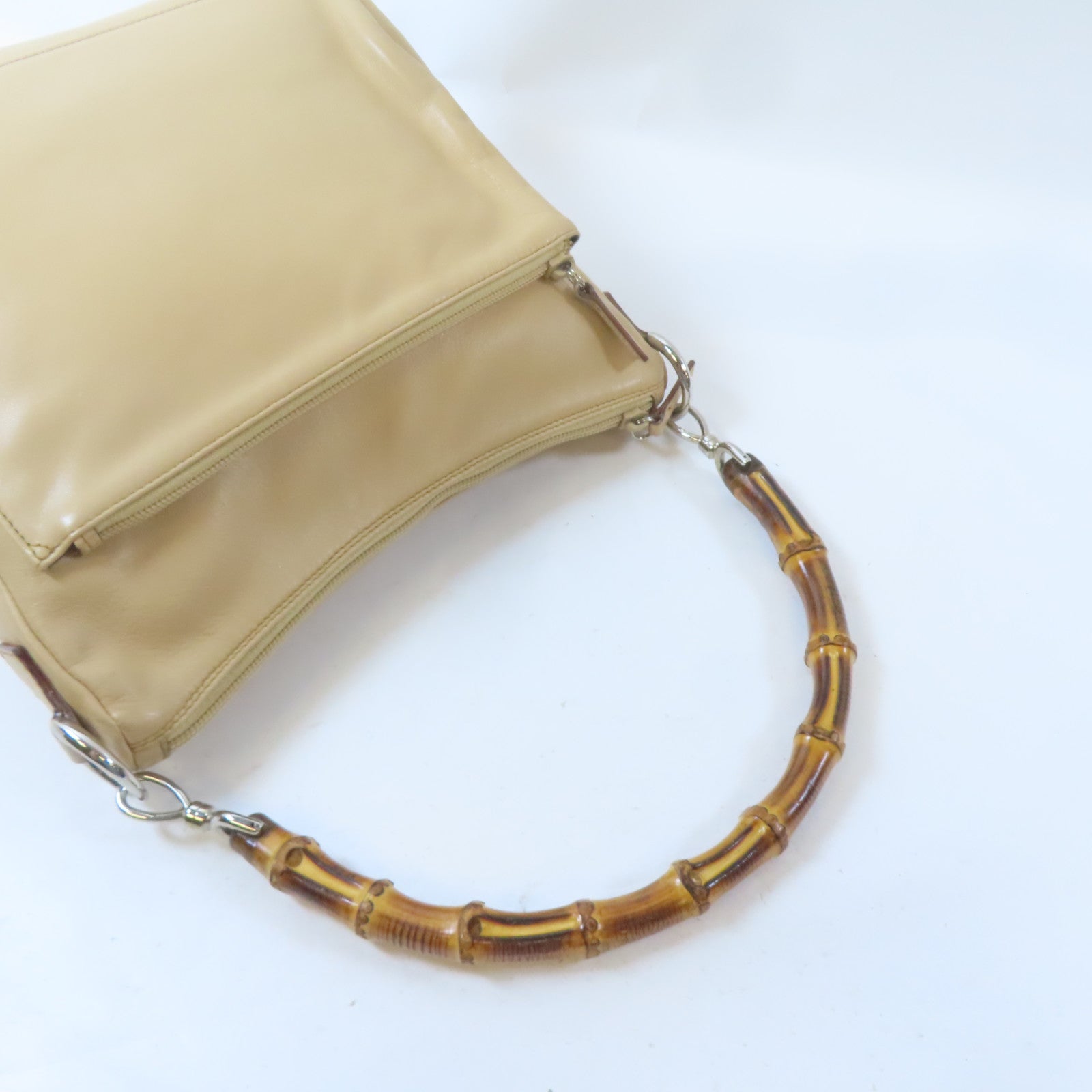 GUCCI 【激減優惠】皮革/Bamboo Handbag銀扣手挽袋米色