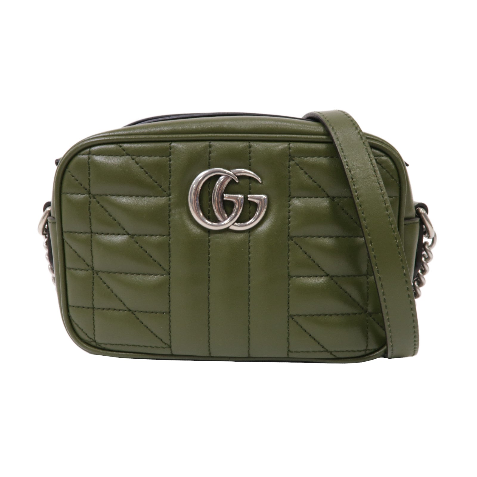GUCCI 牛皮皮革GG Marmont銀扣鏈帶肩背袋綠色