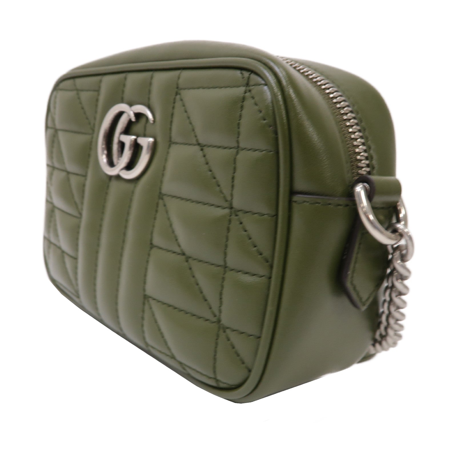 GUCCI 牛皮皮革GG Marmont銀扣鏈帶肩背袋綠色
