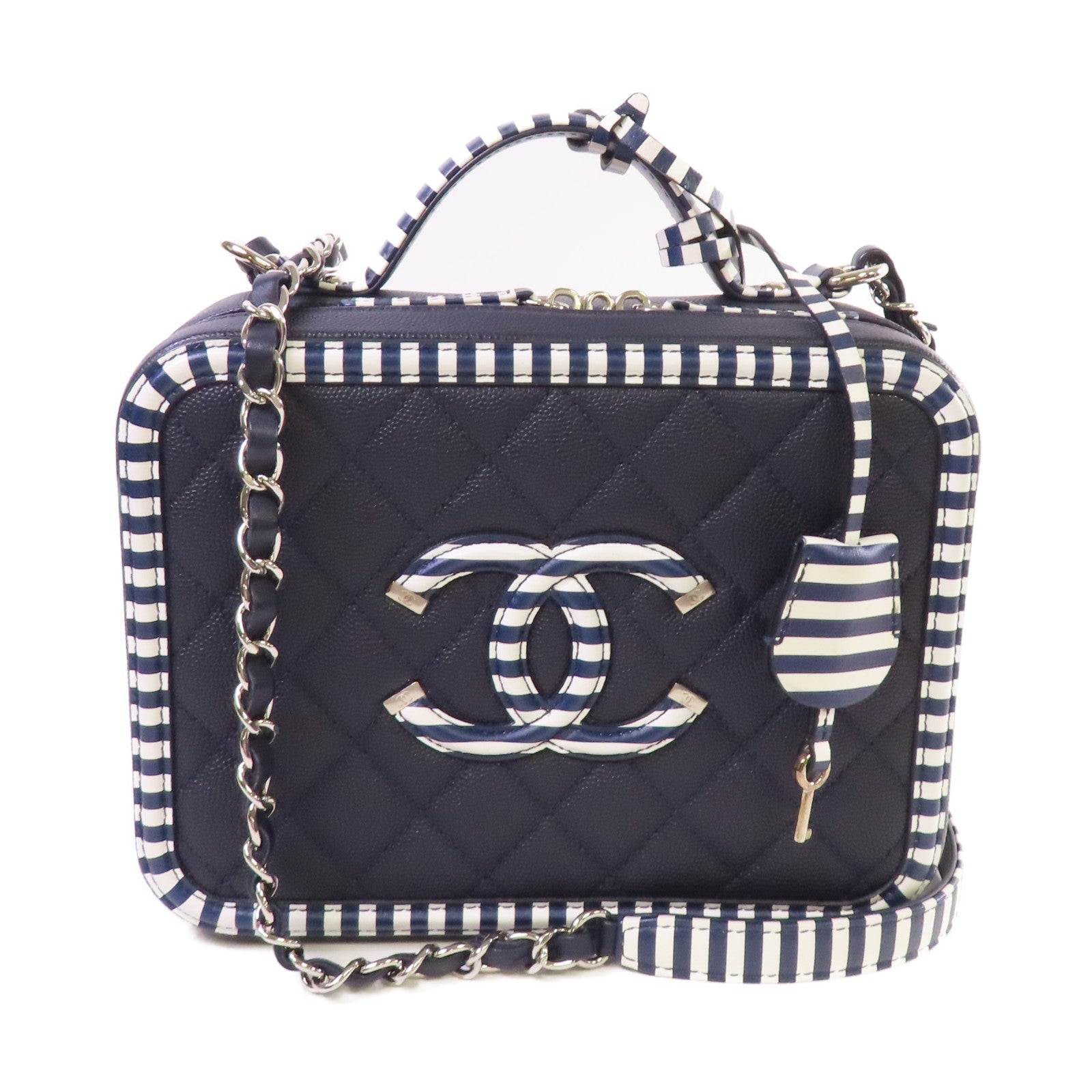 CHANEL 菱格Caviar皮革Vanity Case 2way Shoulder Bag銀扣鏈帶手挽肩背兩用袋深藍色