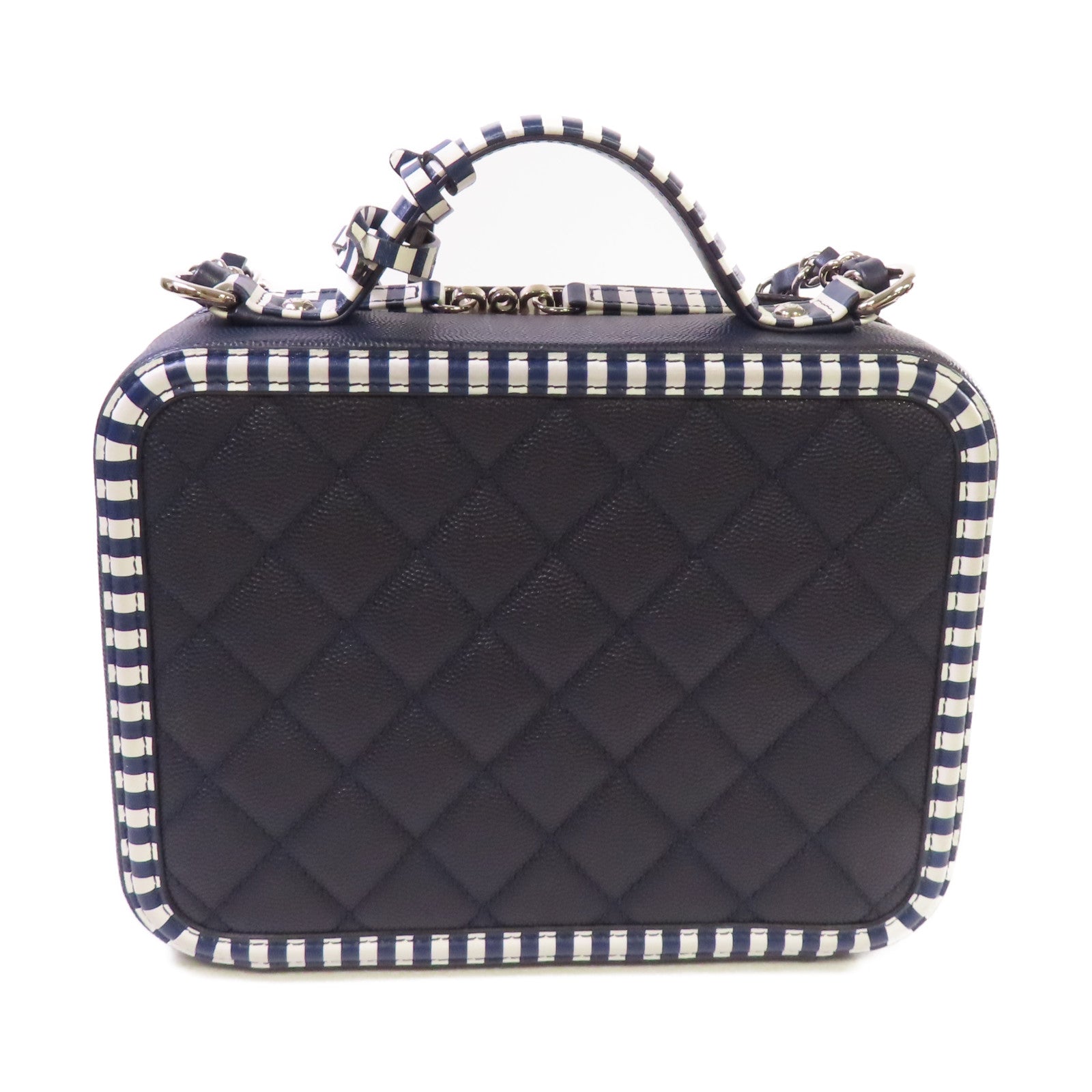 CHANEL 菱格Caviar皮革Vanity Case 2way Shoulder Bag銀扣鏈帶手挽肩背兩用袋深藍色
