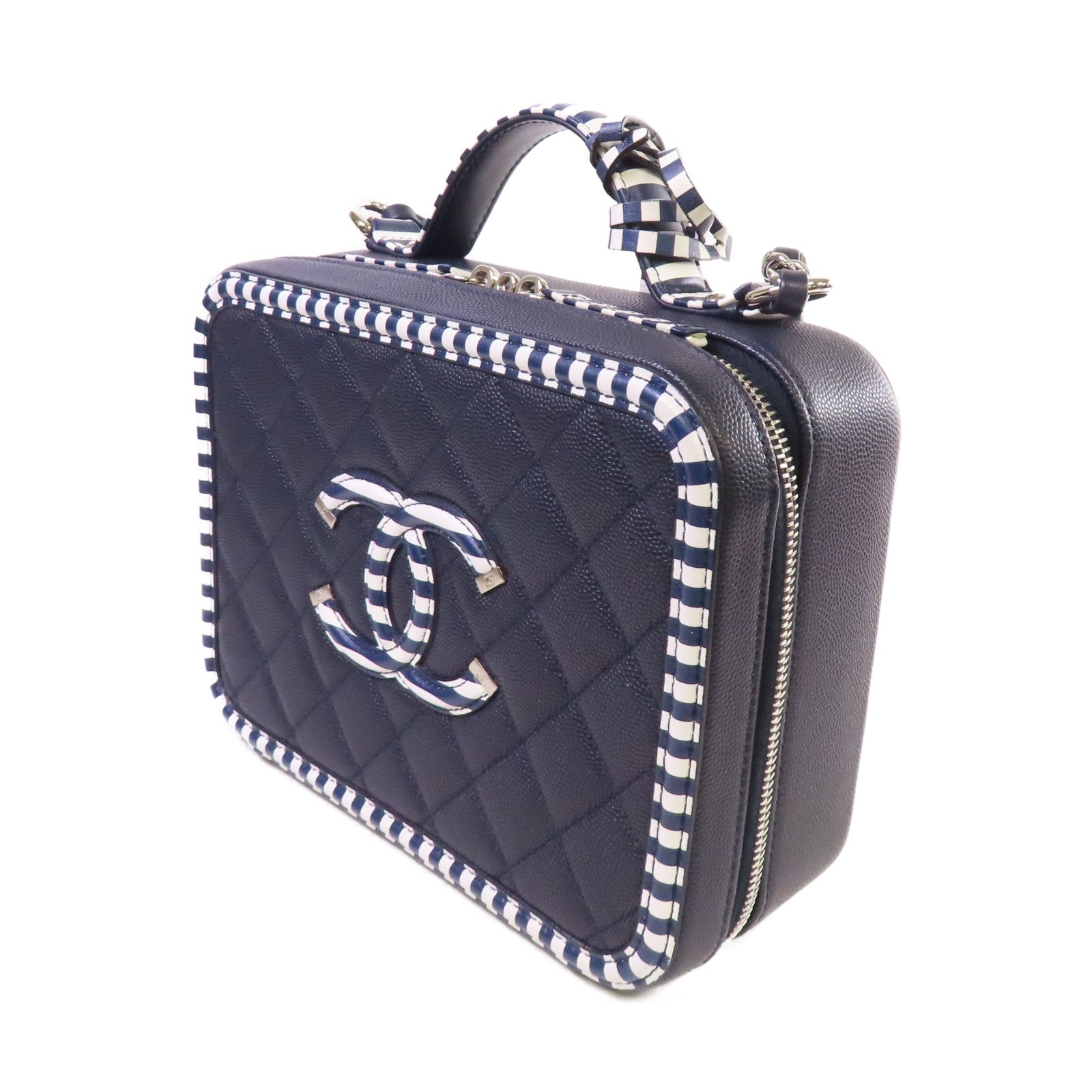 CHANEL 菱格Caviar皮革Vanity Case 2way Shoulder Bag銀扣鏈帶手挽肩背兩用袋深藍色