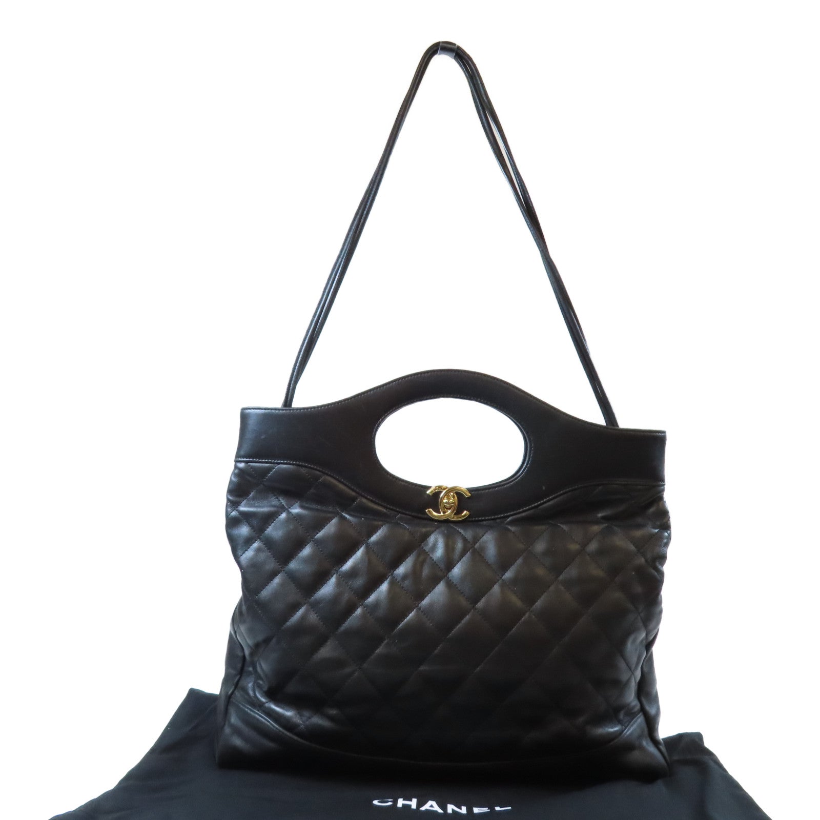 CHANEL 菱格牛皮皮革31 Bag金扣手挽肩背兩用袋黑色