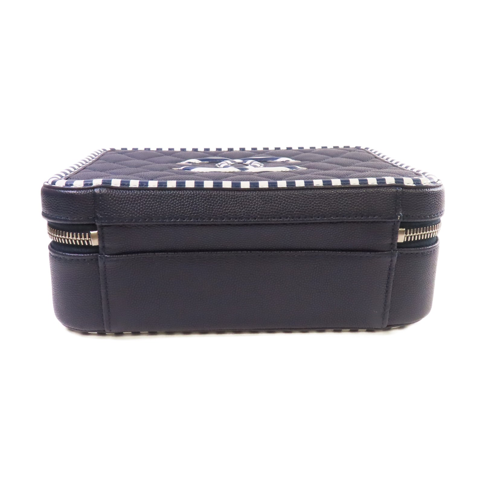 CHANEL 菱格Caviar皮革Vanity Case 2way Shoulder Bag銀扣鏈帶手挽肩背兩用袋深藍色