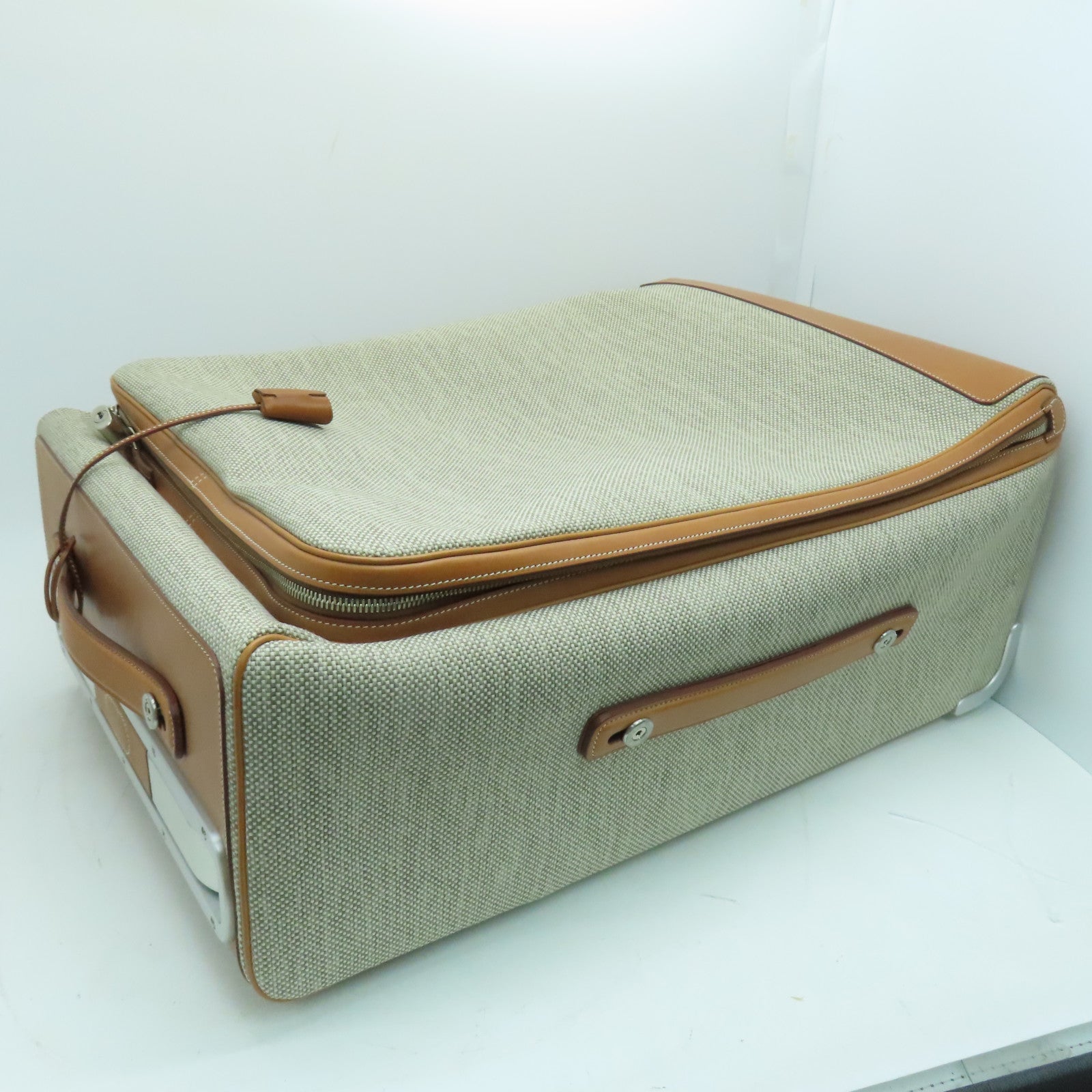 HERMES 【激減優惠】帆布Caleche Rolling Luggage銀扣行李箱米色/啡色