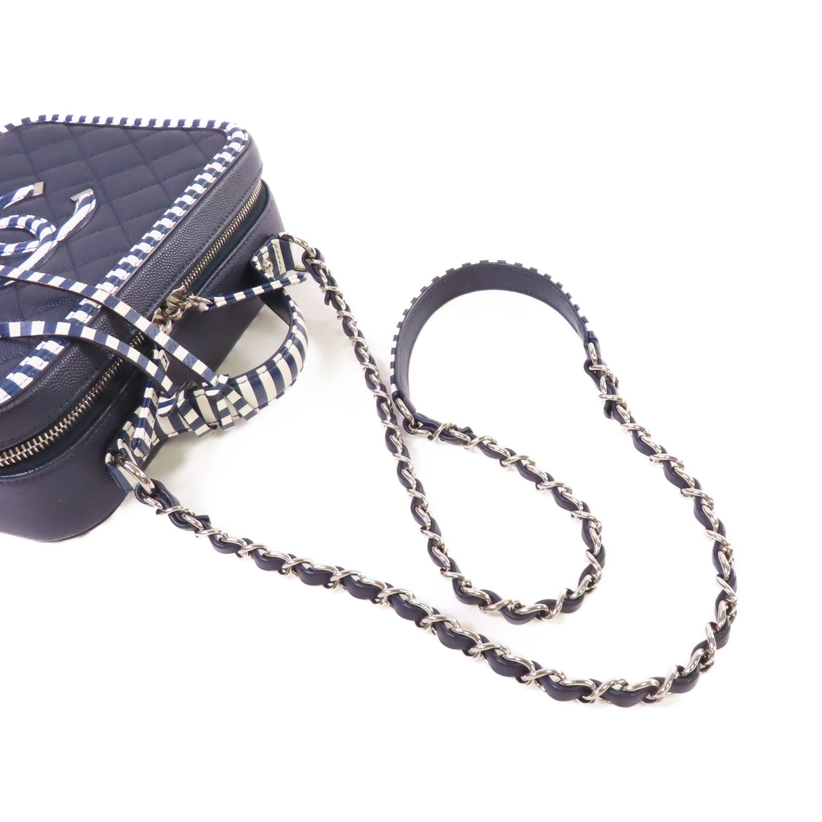 CHANEL 菱格Caviar皮革Vanity Case 2way Shoulder Bag銀扣鏈帶手挽肩背兩用袋深藍色