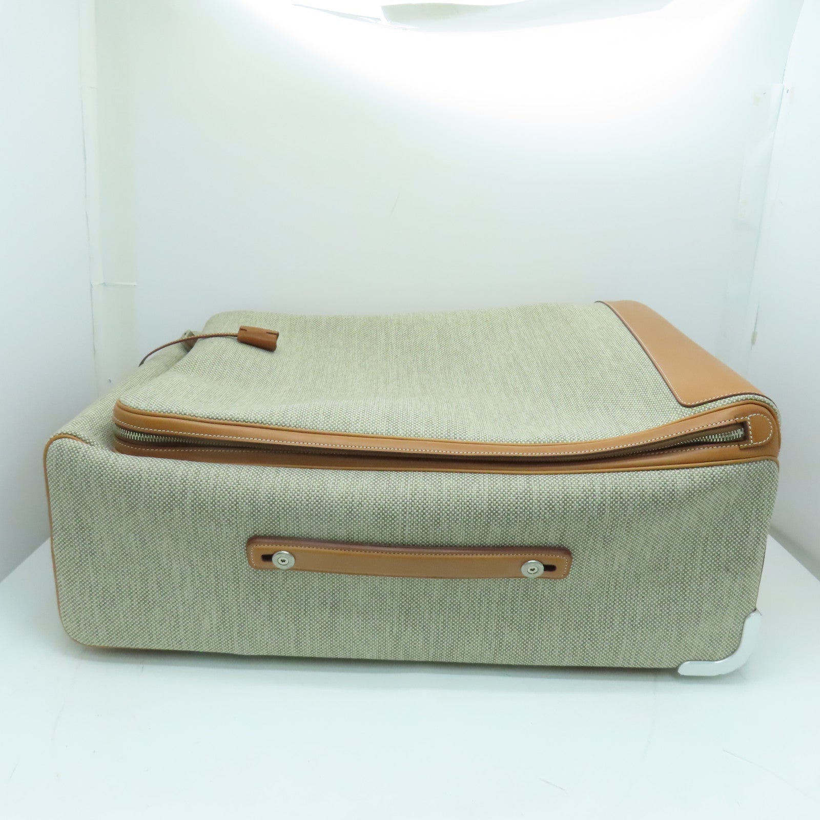 HERMES 【激減優惠】帆布Caleche Rolling Luggage銀扣行李箱米色/啡色
