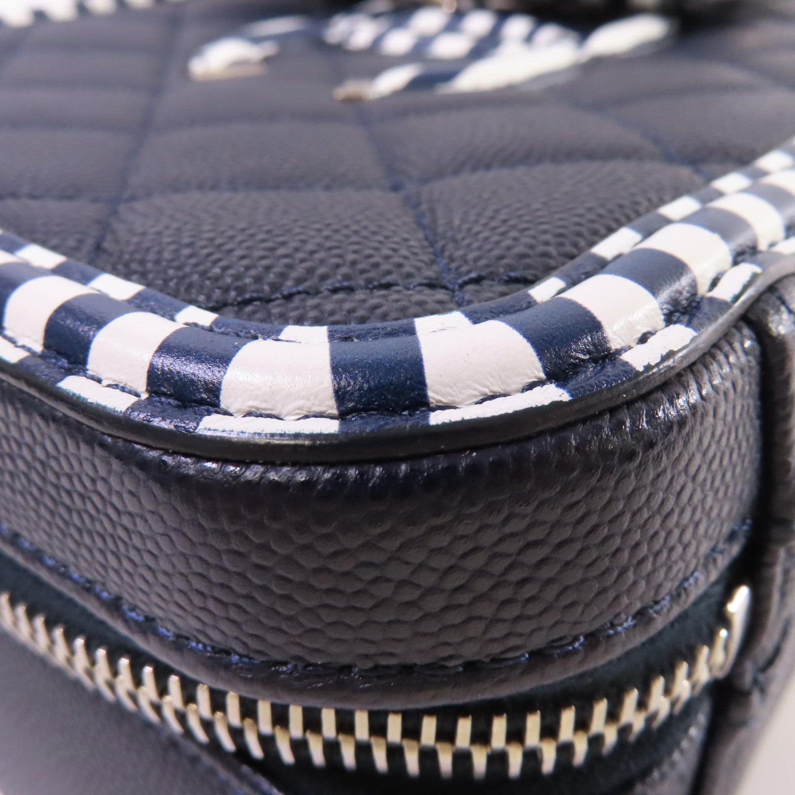 CHANEL 菱格Caviar皮革Vanity Case 2way Shoulder Bag銀扣鏈帶手挽肩背兩用袋深藍色