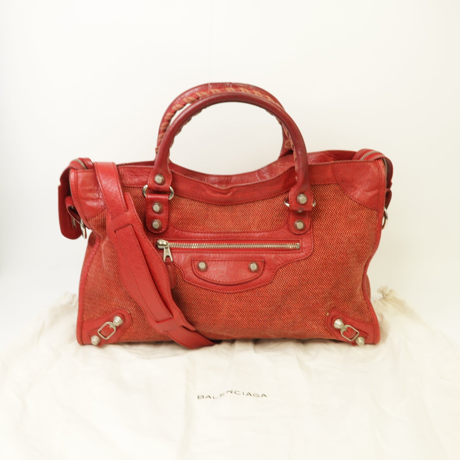 BALENCIAGA 【激減優惠】帆布/牛皮皮革City銀扣手挽肩背兩用袋紅色