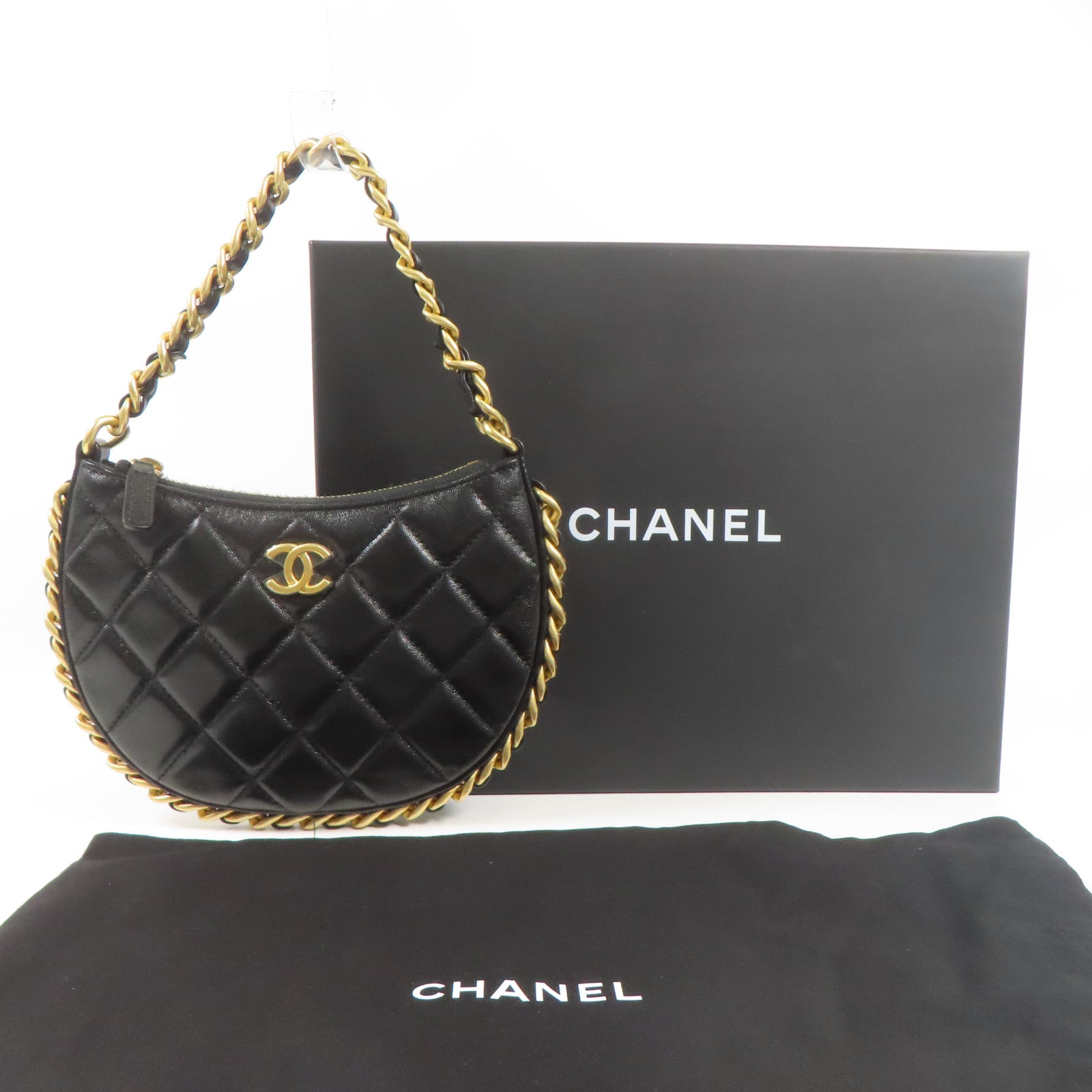 CHANEL 羊皮皮革Around Hobo金扣鏈帶手挽袋