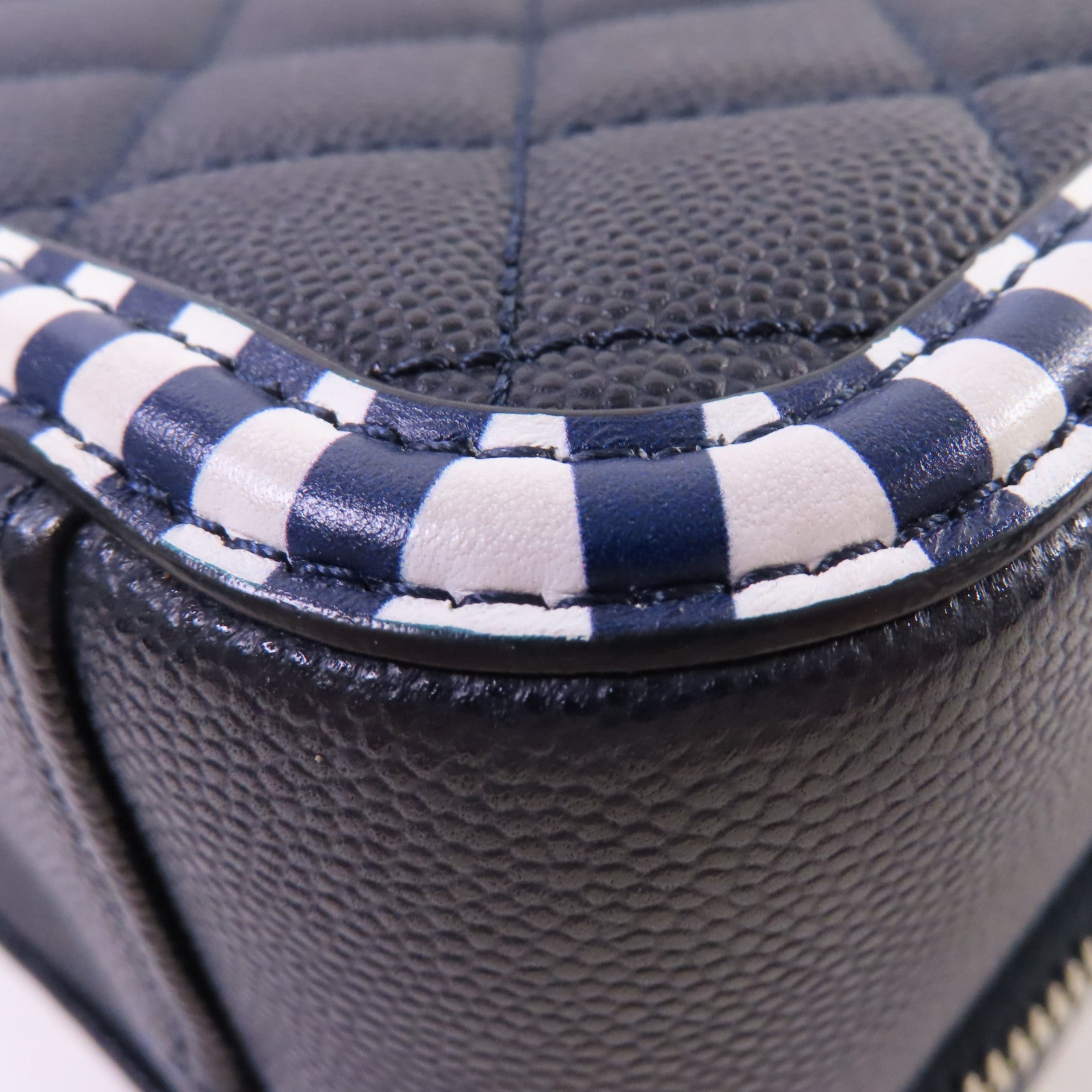 CHANEL 菱格Caviar皮革Vanity Case 2way Shoulder Bag銀扣鏈帶手挽肩背兩用袋深藍色