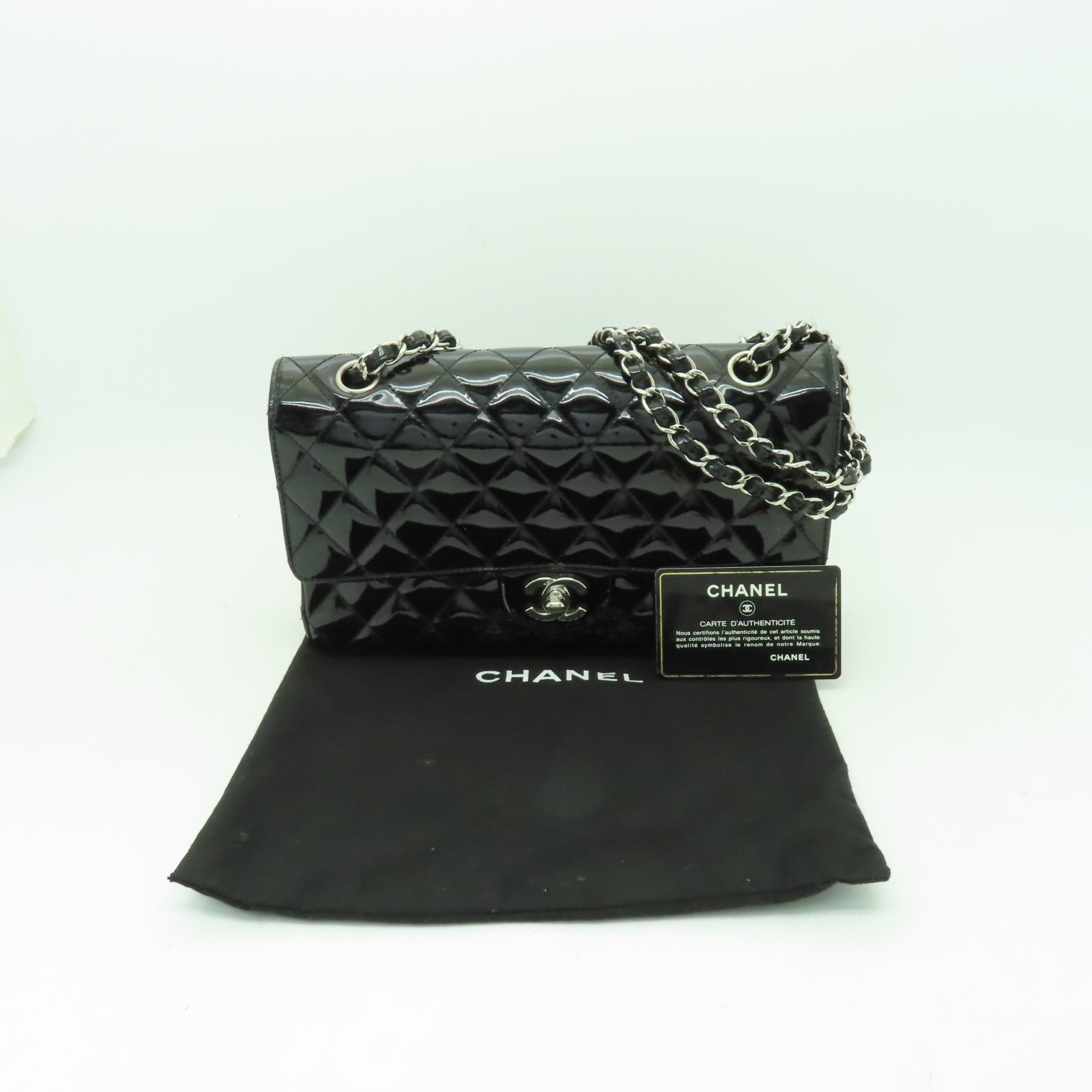 CHANEL 【清倉大減價】菱格漆皮皮革Chain Shoulder銀扣鏈帶肩背袋黑色