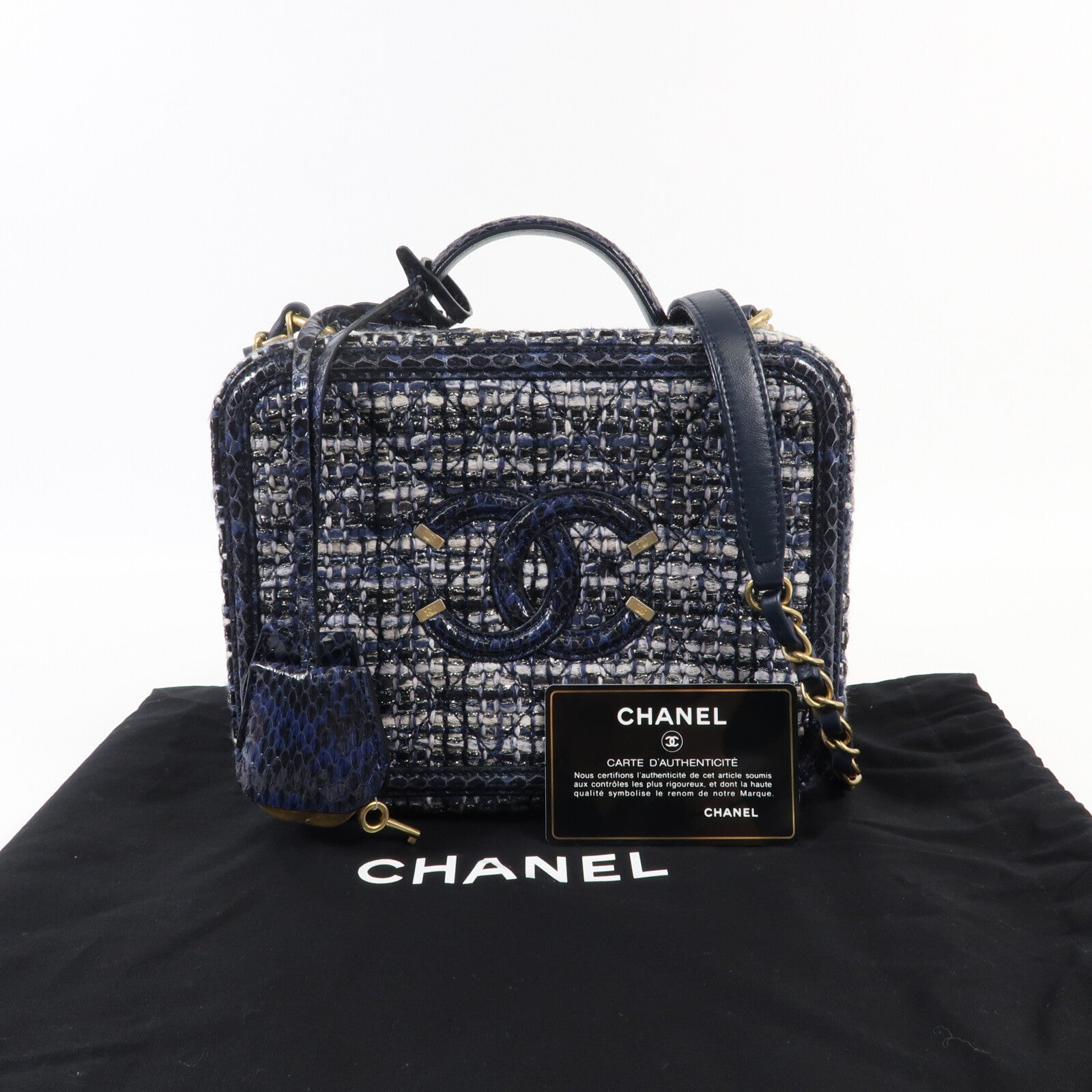 CHANEL 斜紋軟呢Vanity Case金扣鏈帶肩背袋