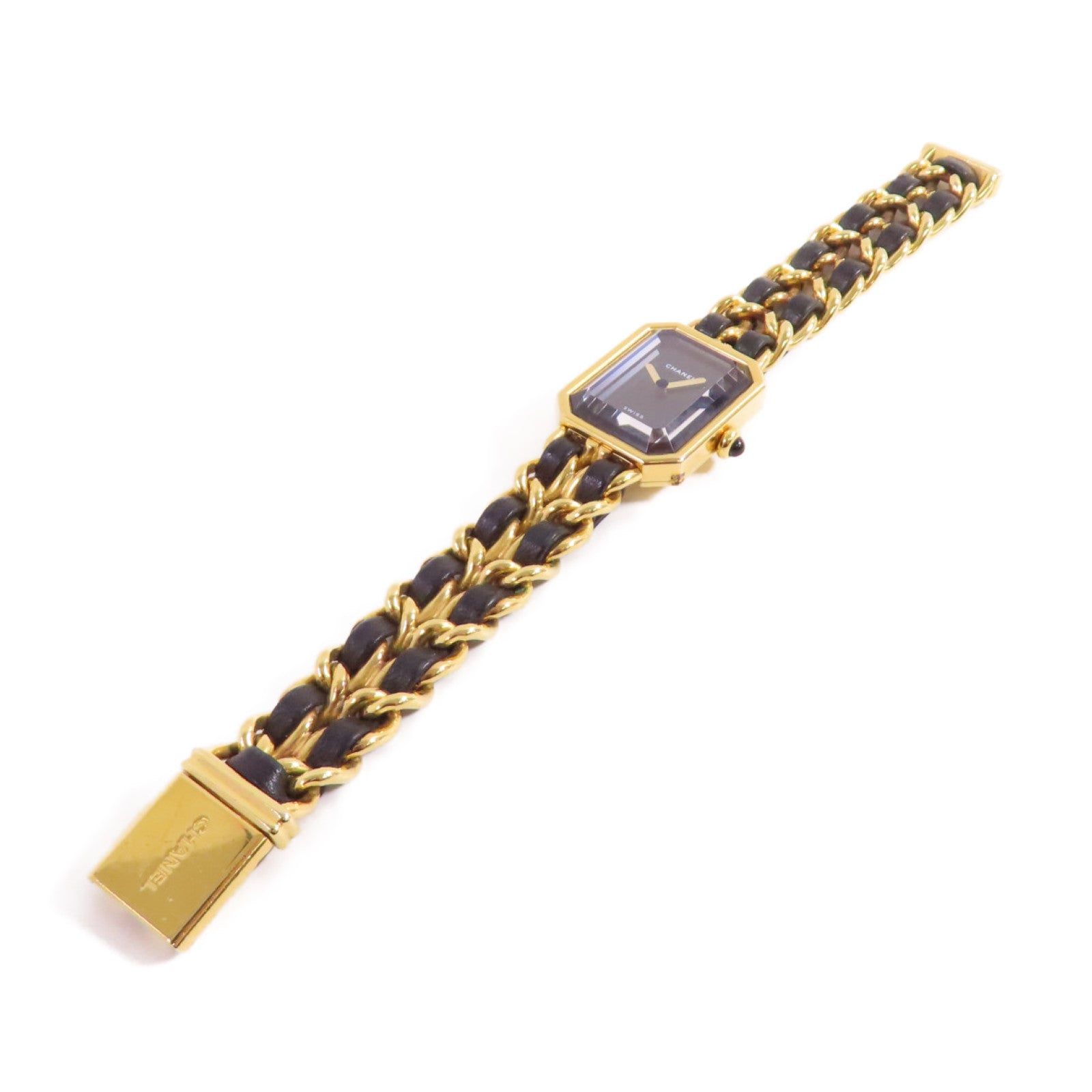 CHANEL Premiere L Watch/不鏽鋼/鍍金/皮帶金扣石英機芯手錶黑色/金色