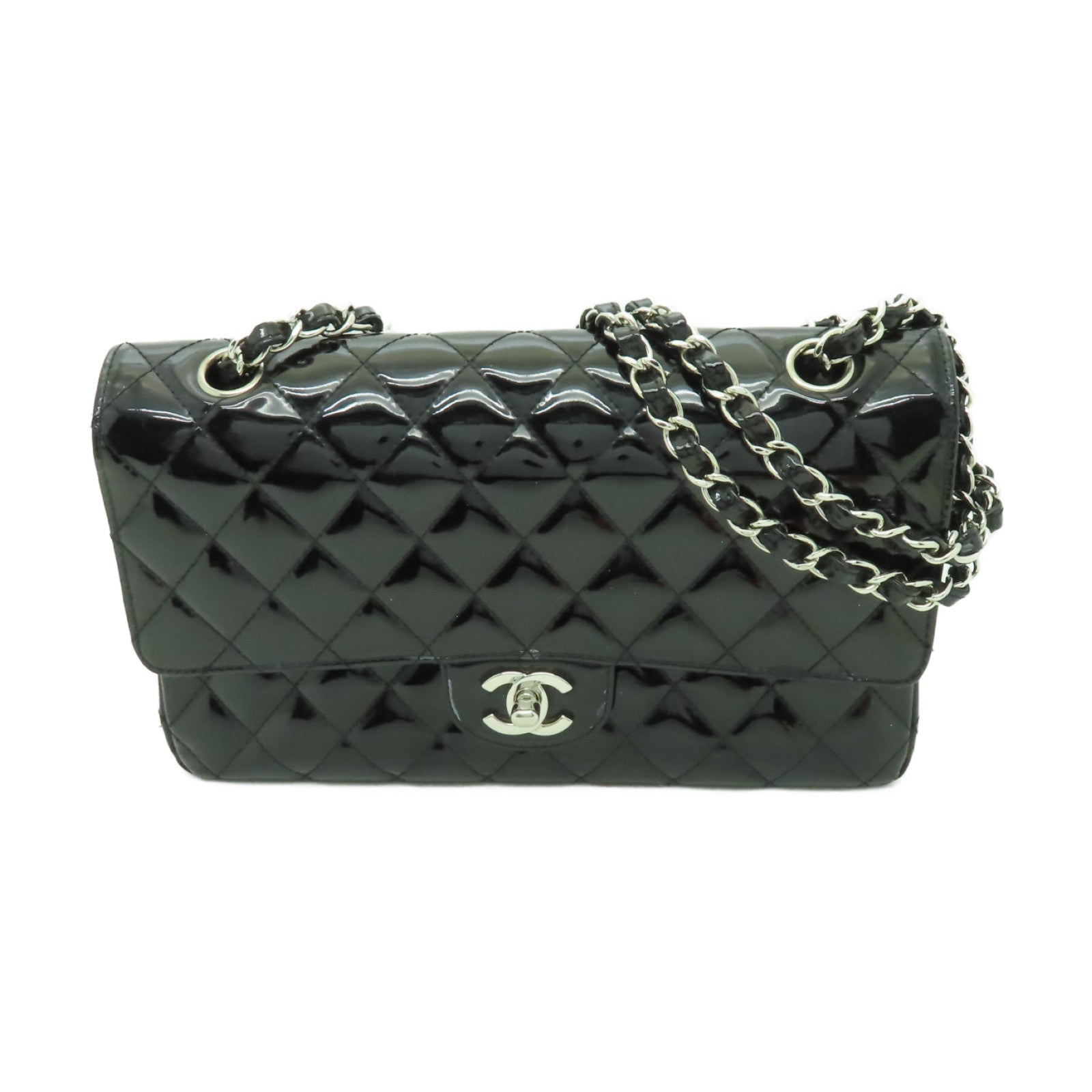 CHANEL 【清倉大減價】菱格漆皮皮革Chain Shoulder銀扣鏈帶肩背袋黑色
