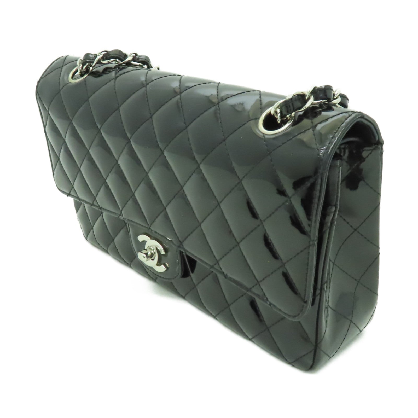 CHANEL 【清倉大減價】菱格漆皮皮革Chain Shoulder銀扣鏈帶肩背袋黑色