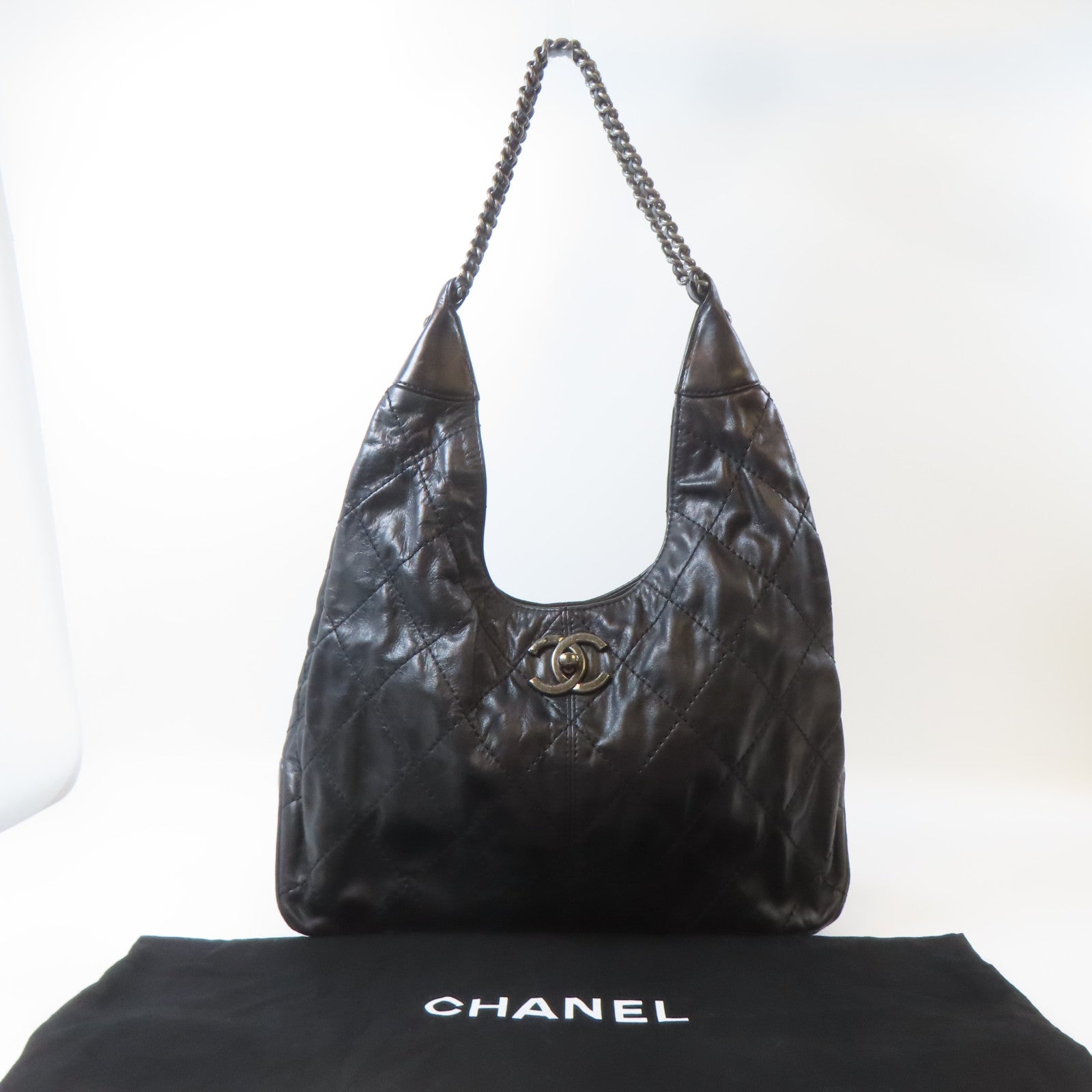 CHANEL 菱格羊皮皮革Tote Bag銀扣鏈帶肩背袋黑色