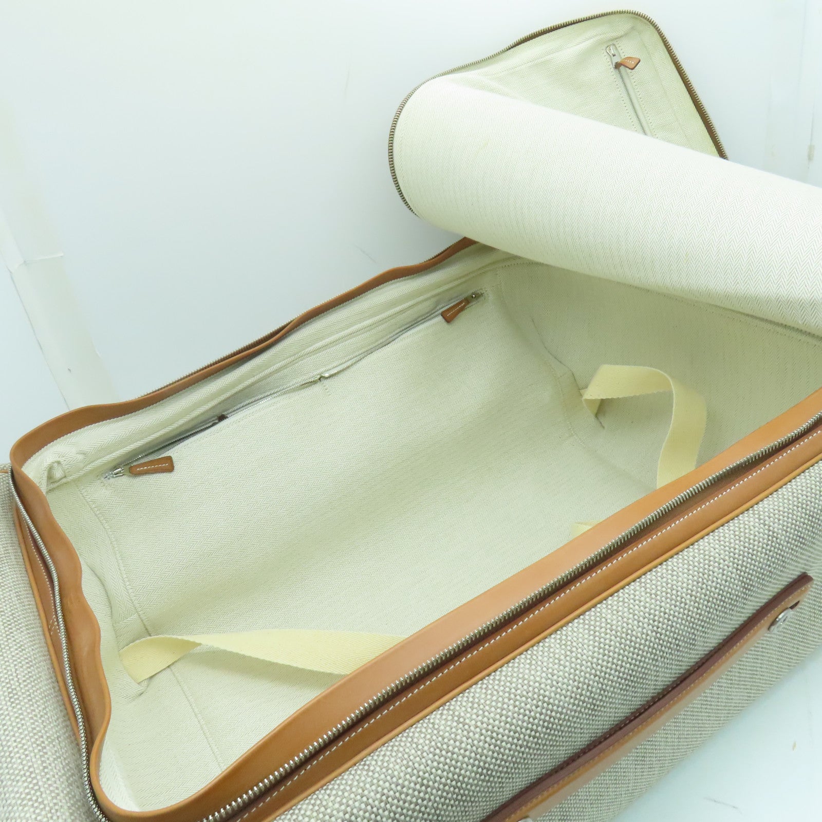 HERMES 【激減優惠】帆布Caleche Rolling Luggage銀扣行李箱米色/啡色