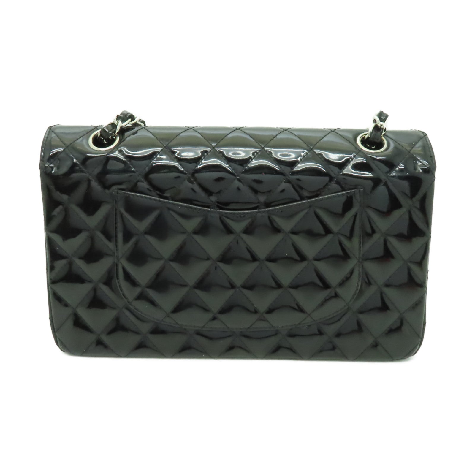 CHANEL 【清倉大減價】菱格漆皮皮革Chain Shoulder銀扣鏈帶肩背袋黑色