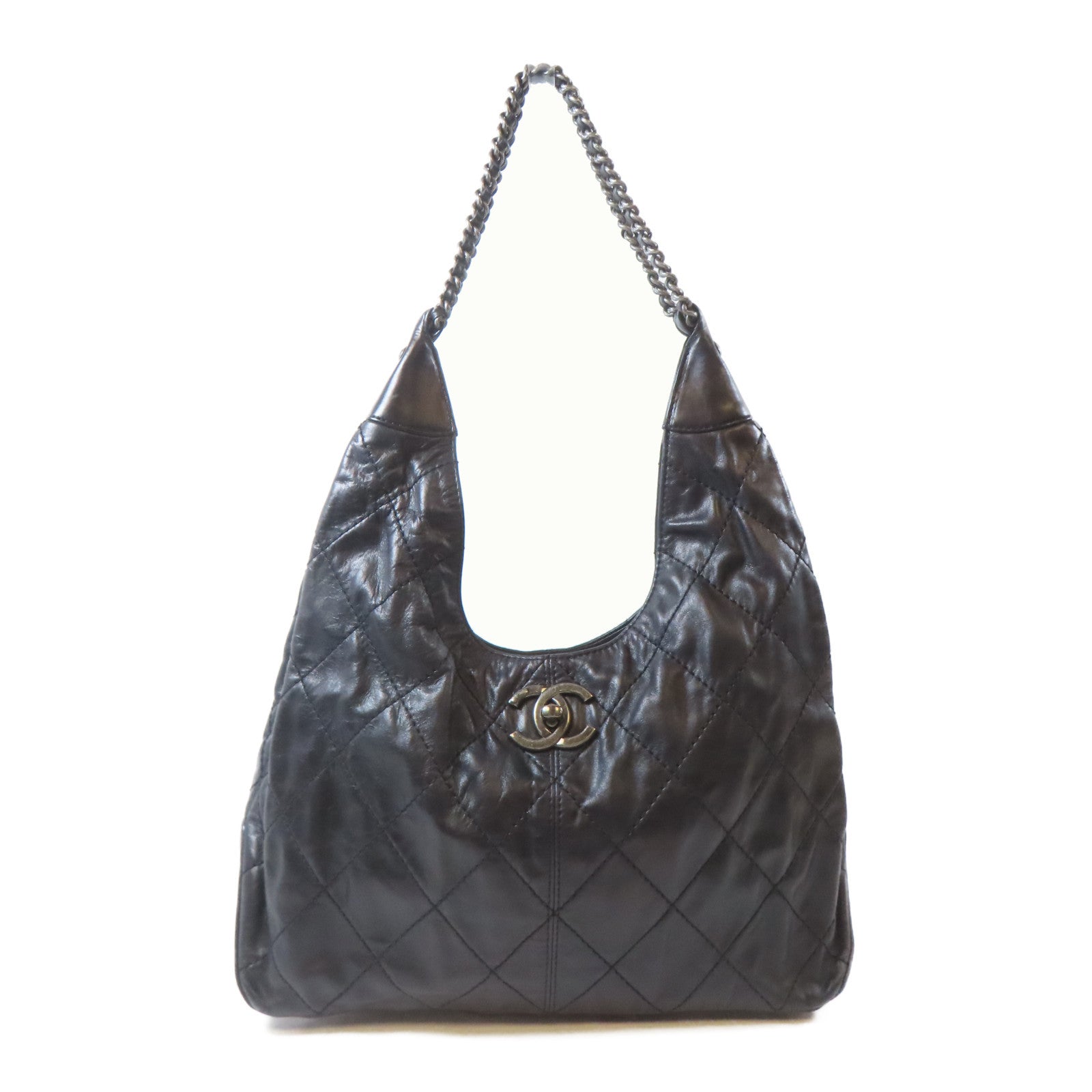 CHANEL 菱格羊皮皮革Tote Bag銀扣鏈帶肩背袋黑色