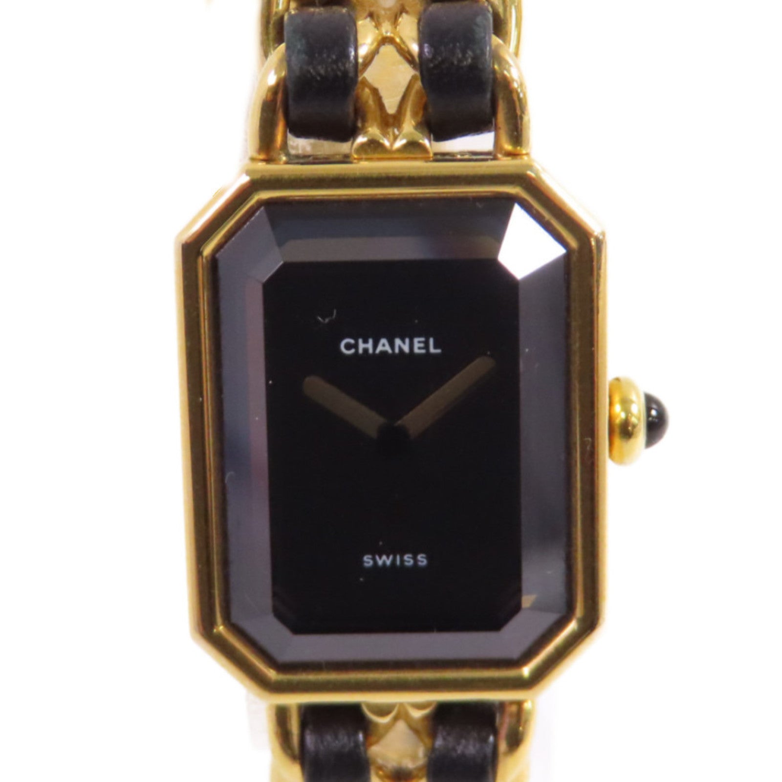 CHANEL Premiere L Watch/不鏽鋼/鍍金/皮帶金扣石英機芯手錶黑色/金色