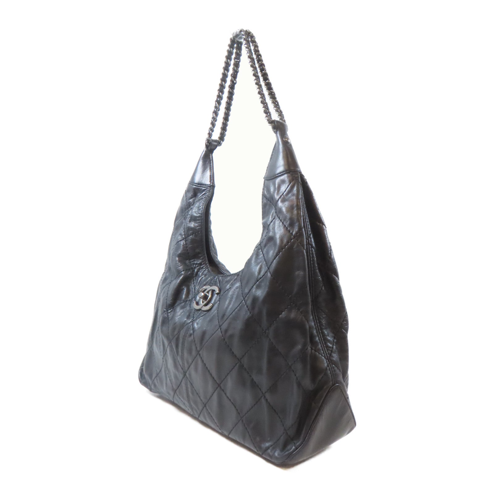 CHANEL 菱格羊皮皮革Tote Bag銀扣鏈帶肩背袋黑色