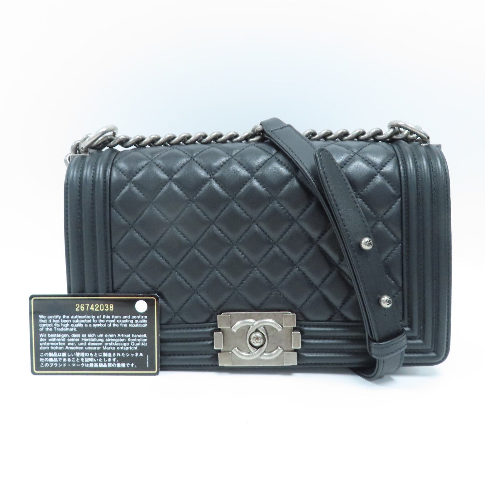 CHANEL 【激減優惠】菱格羊皮皮革Boy 25銀扣鏈帶肩背袋黑色